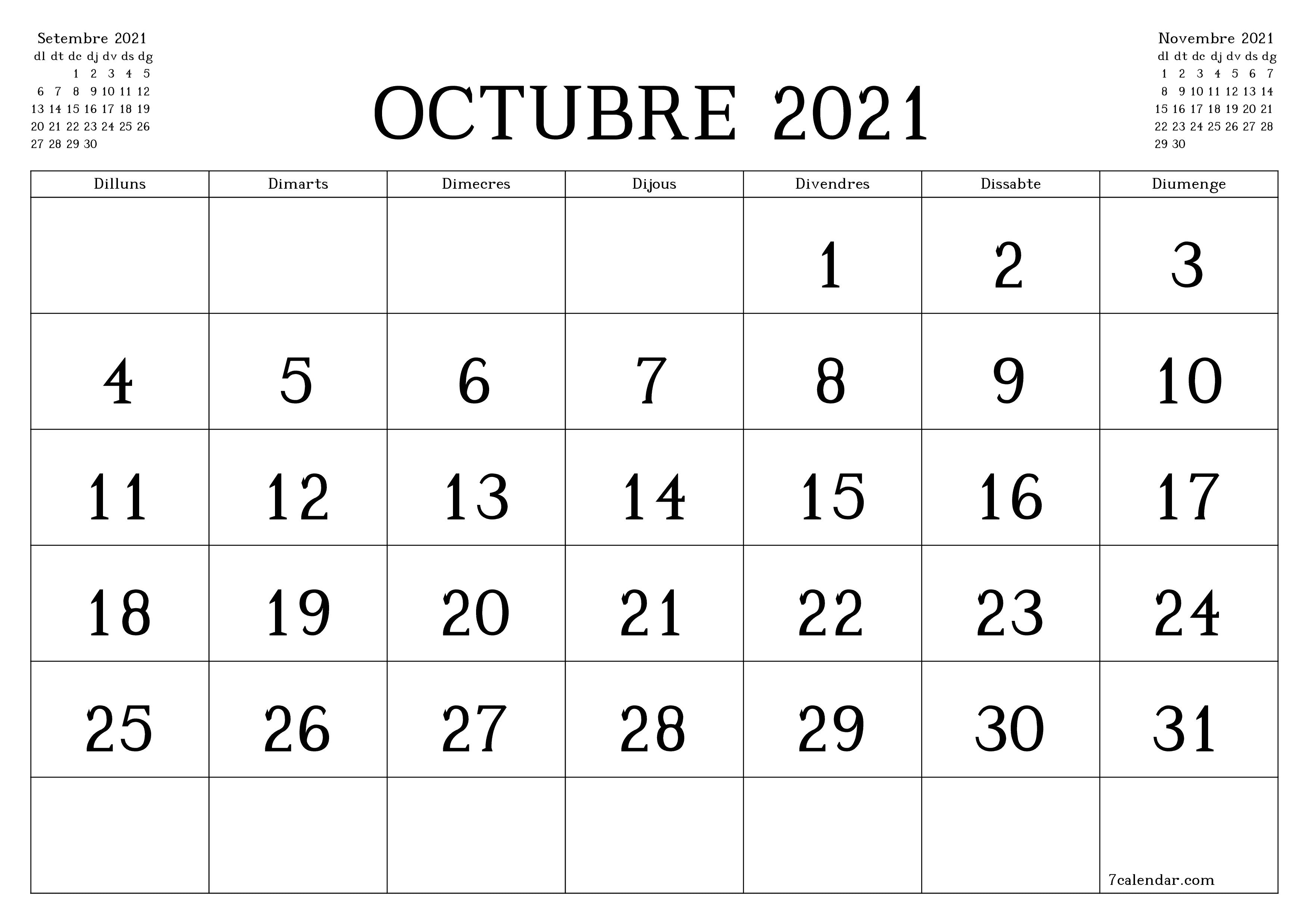 Planificador mensual buit del mes Octubre 2021 amb notes, deseu-lo i imprimiu-lo en format PDF PNG Catalan