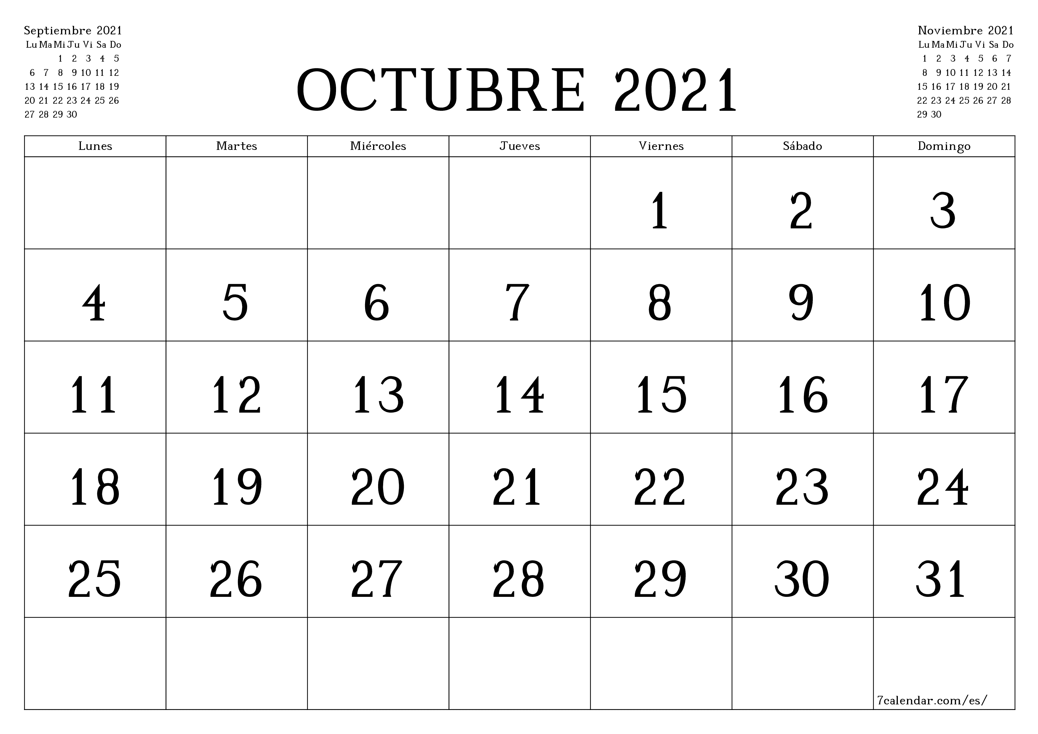 Calendario mensual en blanco para el mes Octubre 2021 guardar e imprimir en PDF PNG Spanish - 7calendar.com