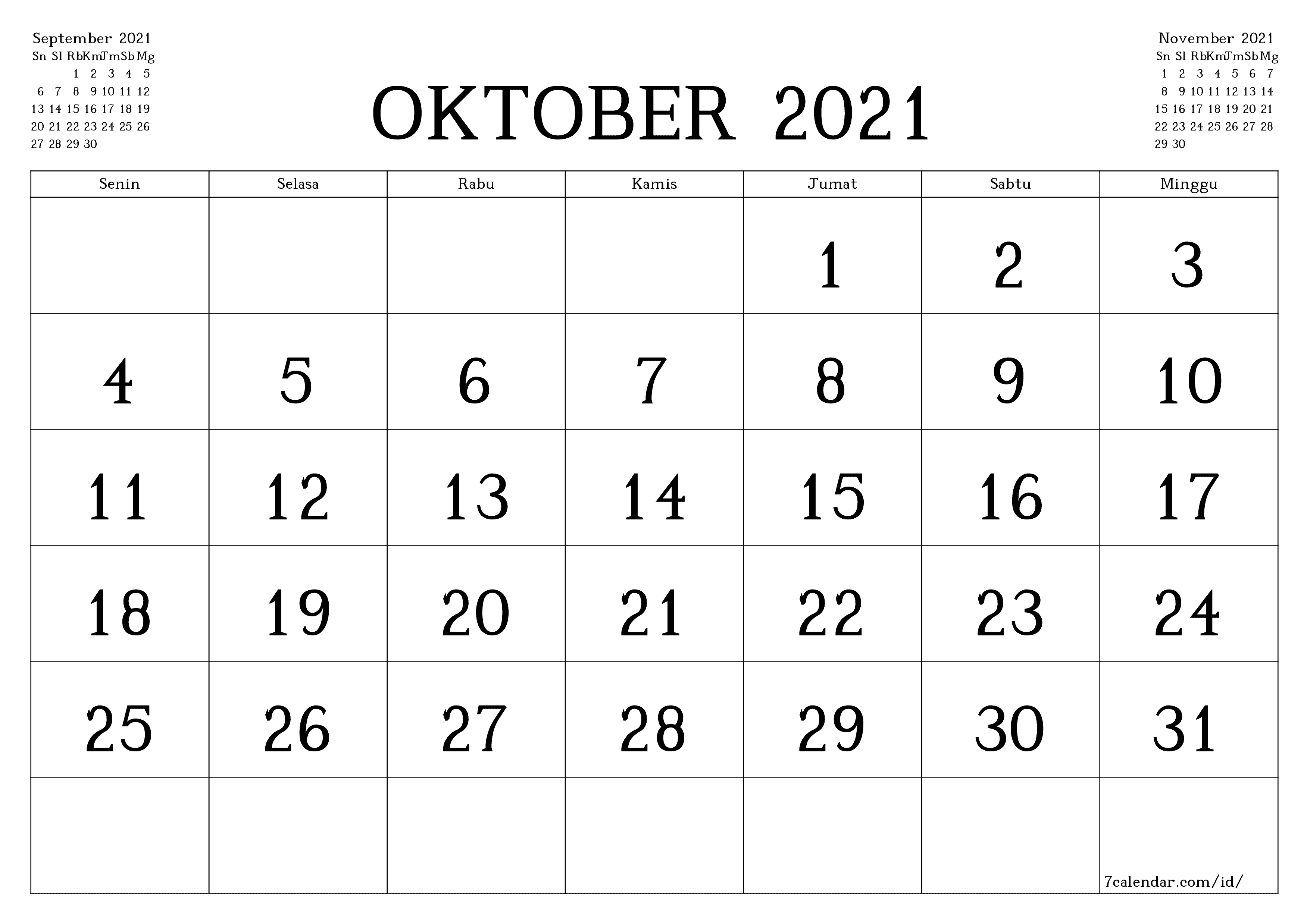 Kosongkan agenda bulanan untuk bulan Oktober 2021 dengan catatan, simpan dan cetak ke PDF PNG Indonesian