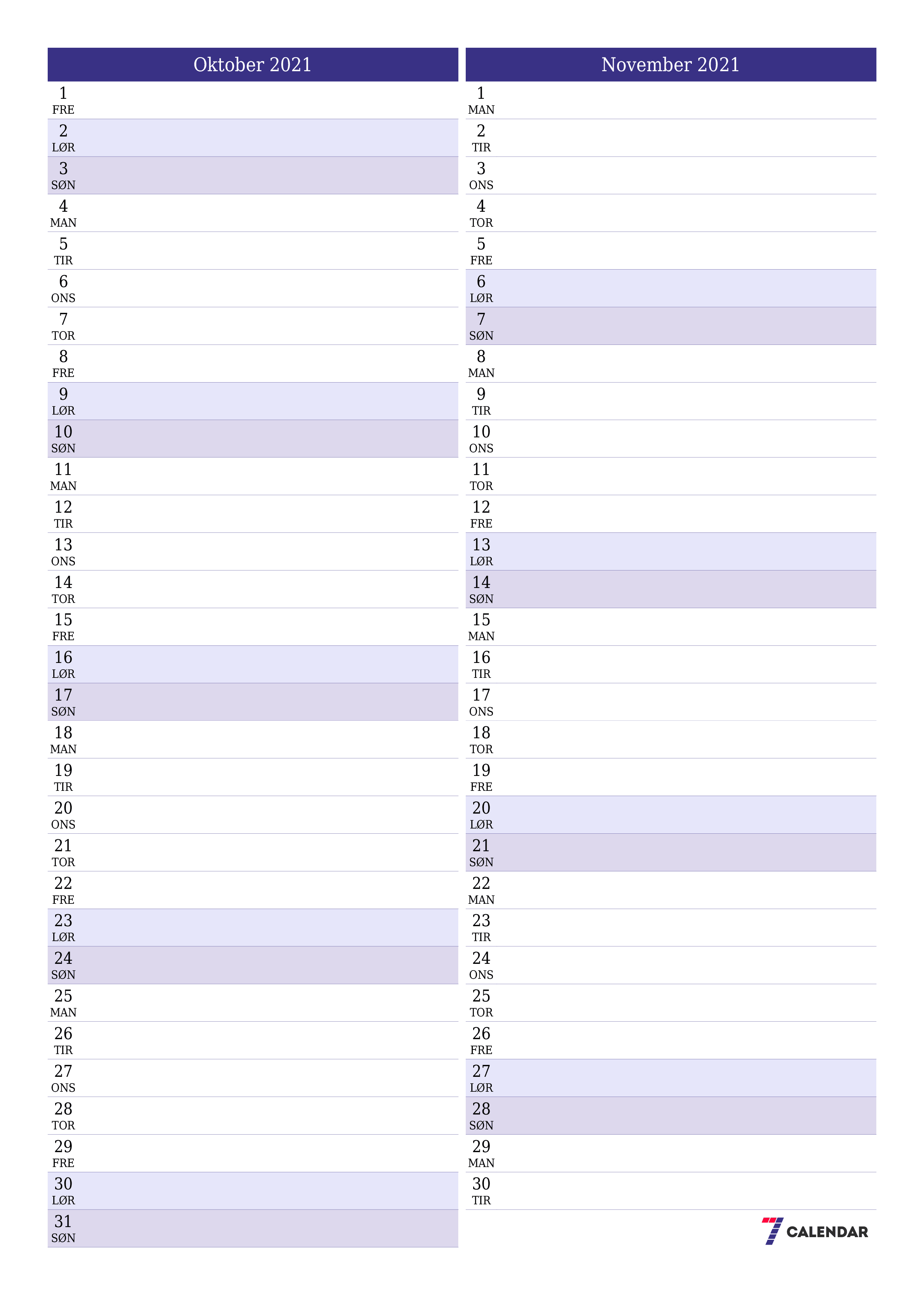 Tom månedlig planlegger for måned Oktober 2021 med notater, lagre og skriv ut til PDF PNG Norwegian