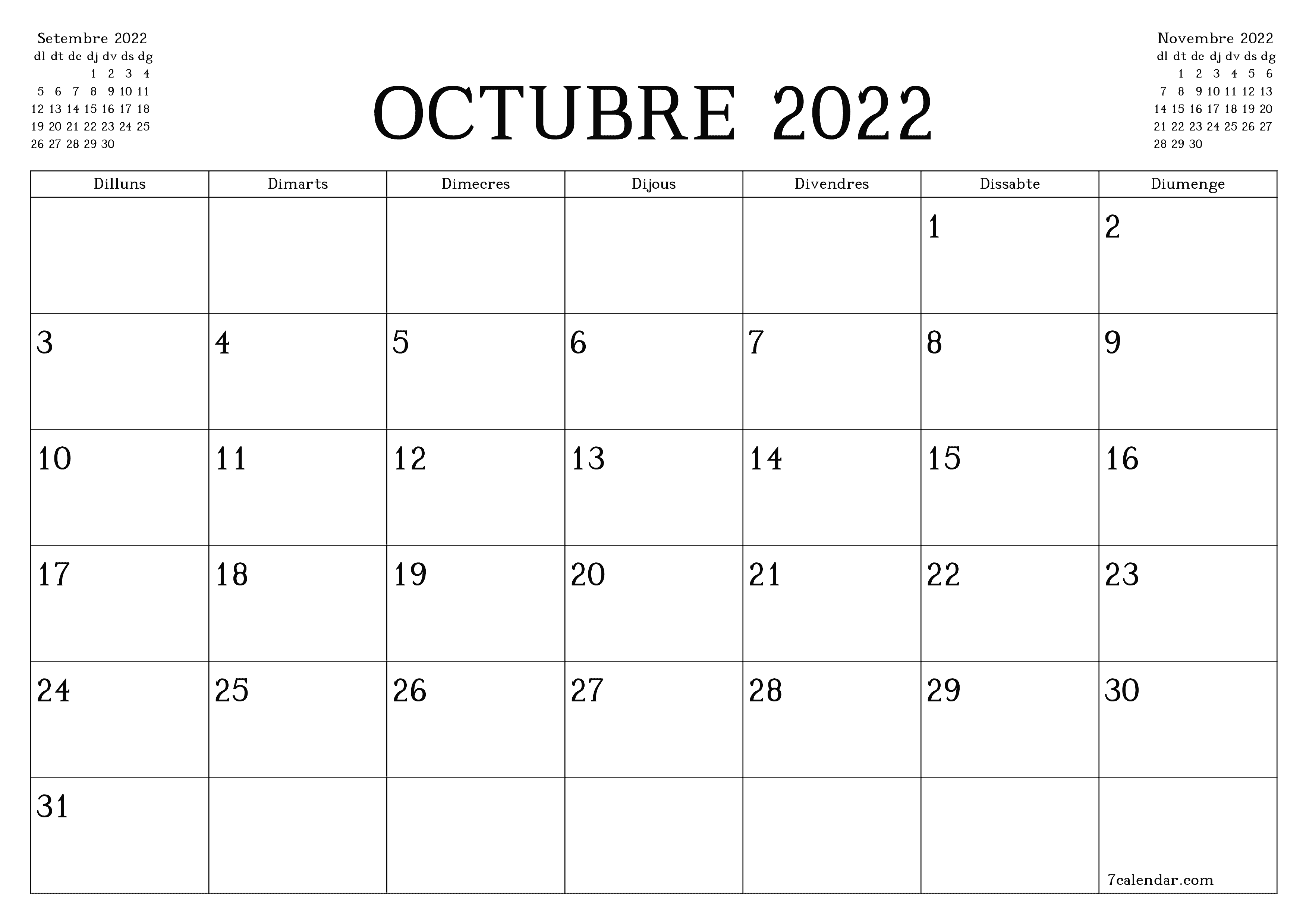Planificador mensual buit del mes Octubre 2022 amb notes, deseu-lo i imprimiu-lo en format PDF PNG Catalan