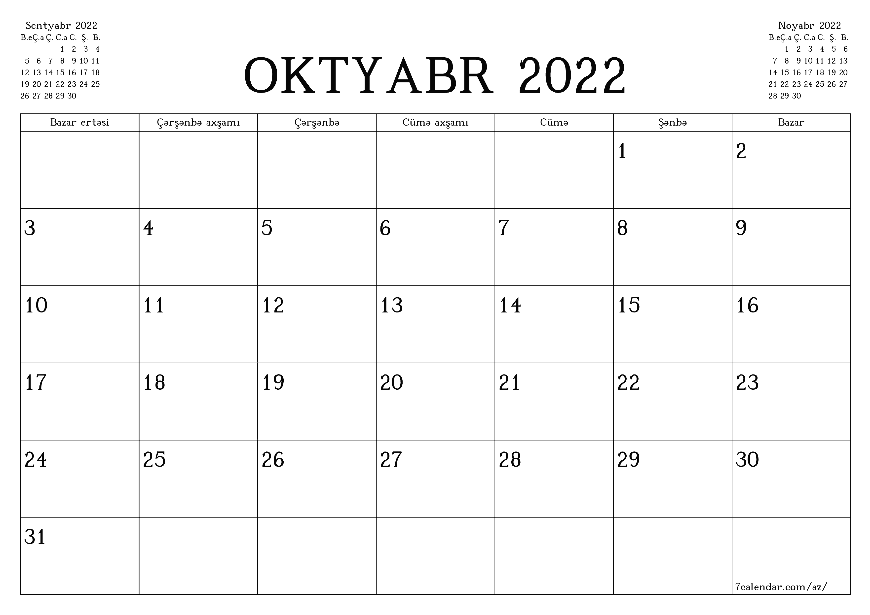 Oktyabr 2022 ayı üçün qeydlər ilə boş aylıq planlayıcı, qeyd edin və PDF-ə yazdırın PNG Azerbaijani