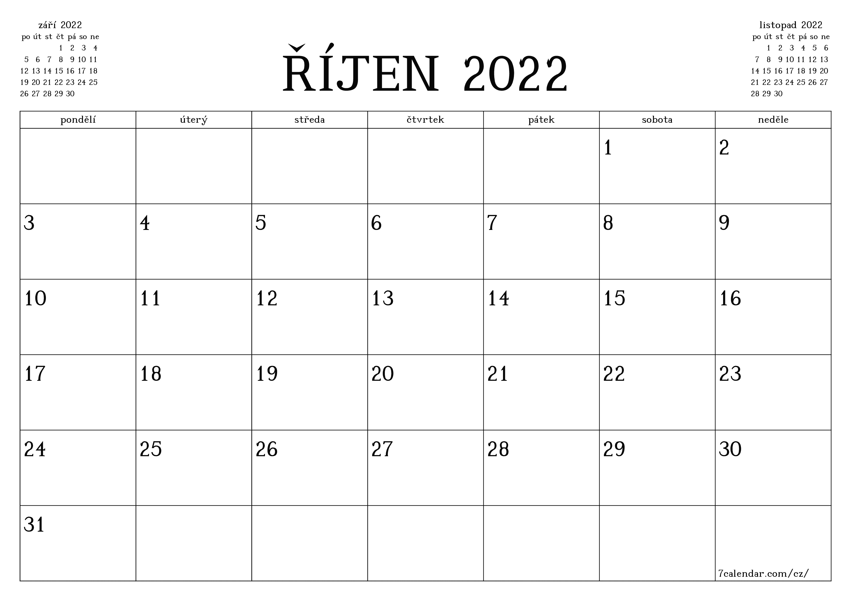 Vyprázdnit měsíční plánovač na měsíc říjen 2022 s poznámkami, uložit a vytisknout do PDF PNG Czech