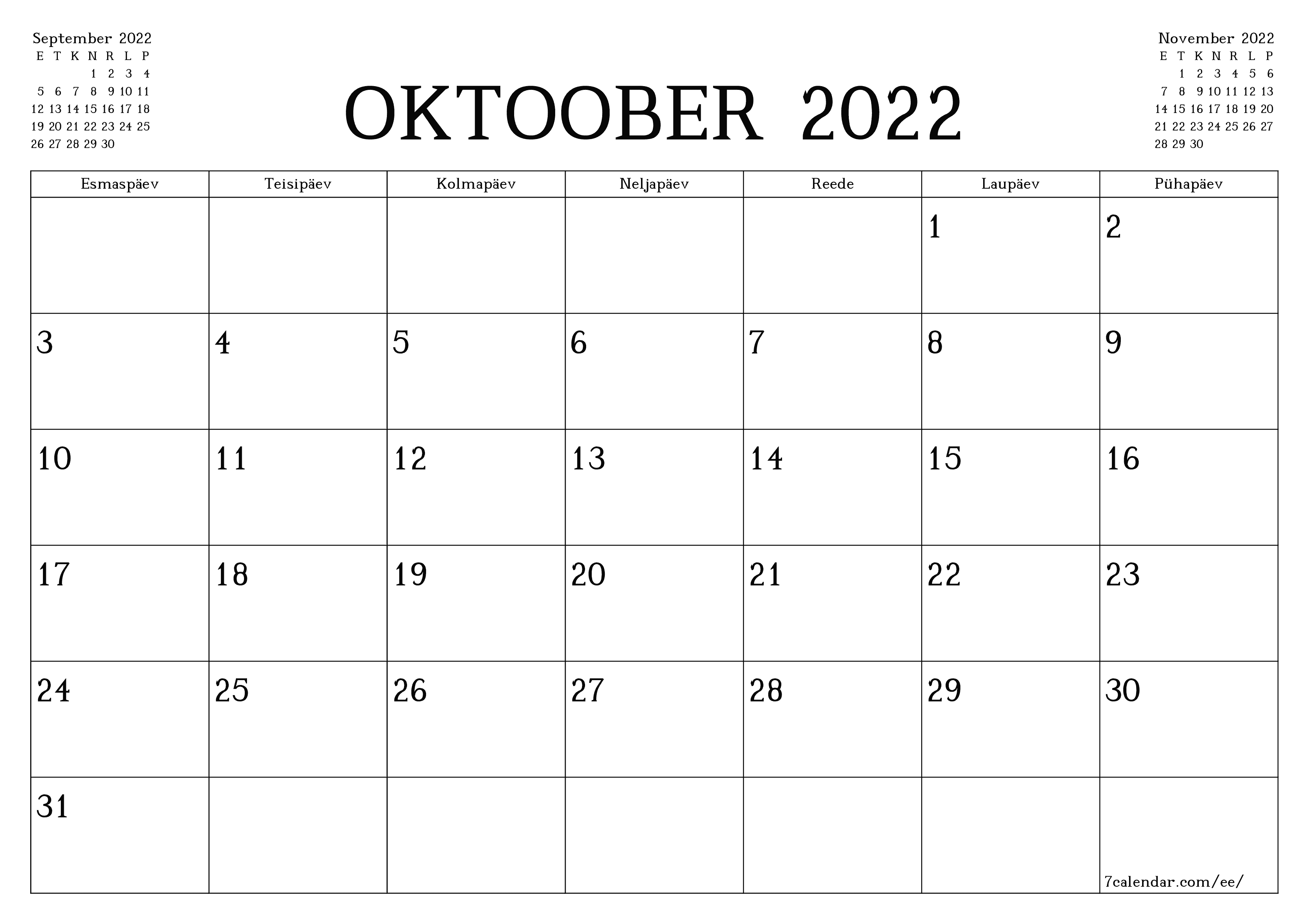 Tühjendage kuu Oktoober 2022 kuuplaneerija märkmetega, salvestage ja printige PDF-i PNG Estonian - 7calendar.com