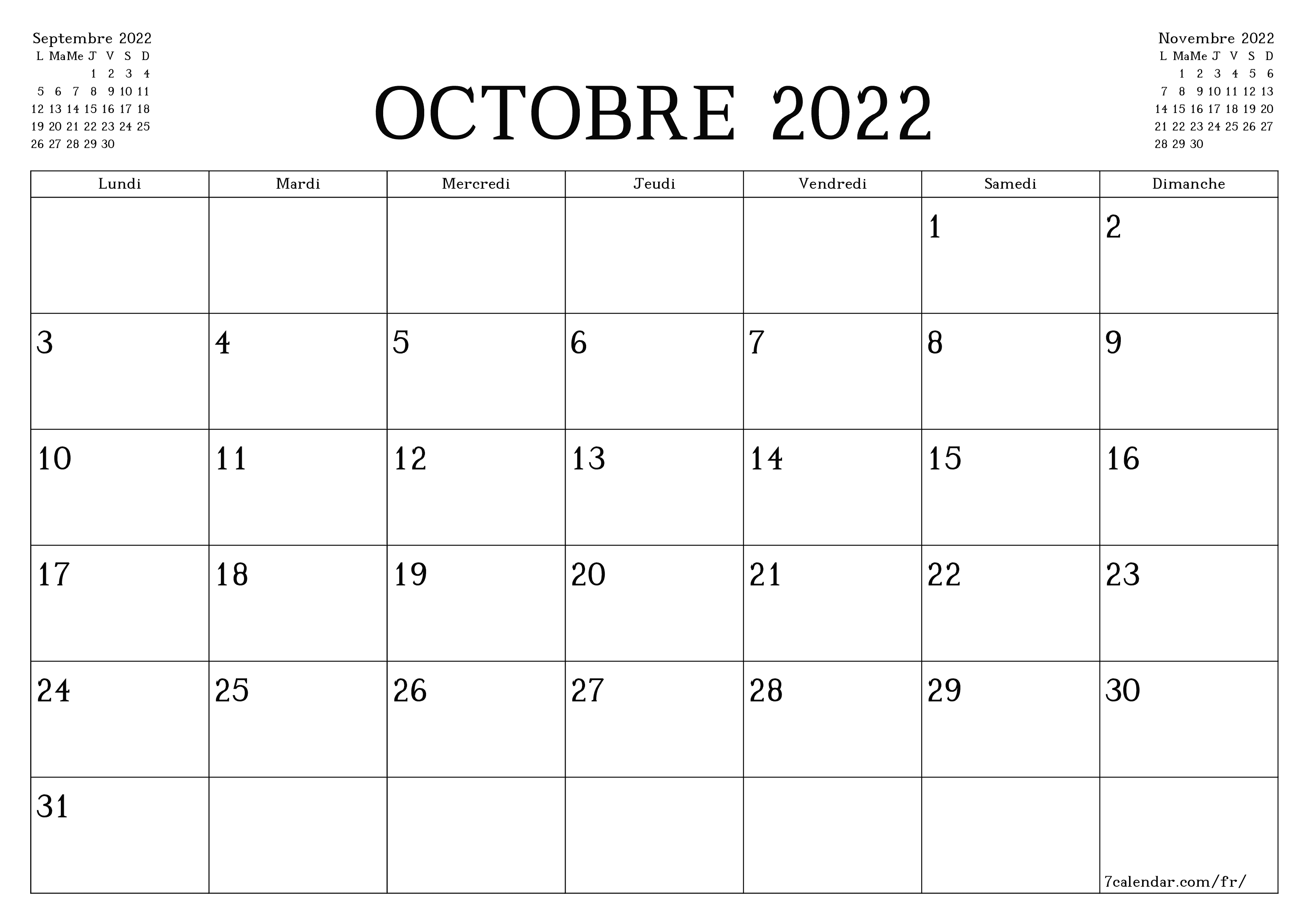 Agenda mensuel vide pour le mois Octobre 2022 avec notes, enregistrez et imprimez au format PDF PNG French