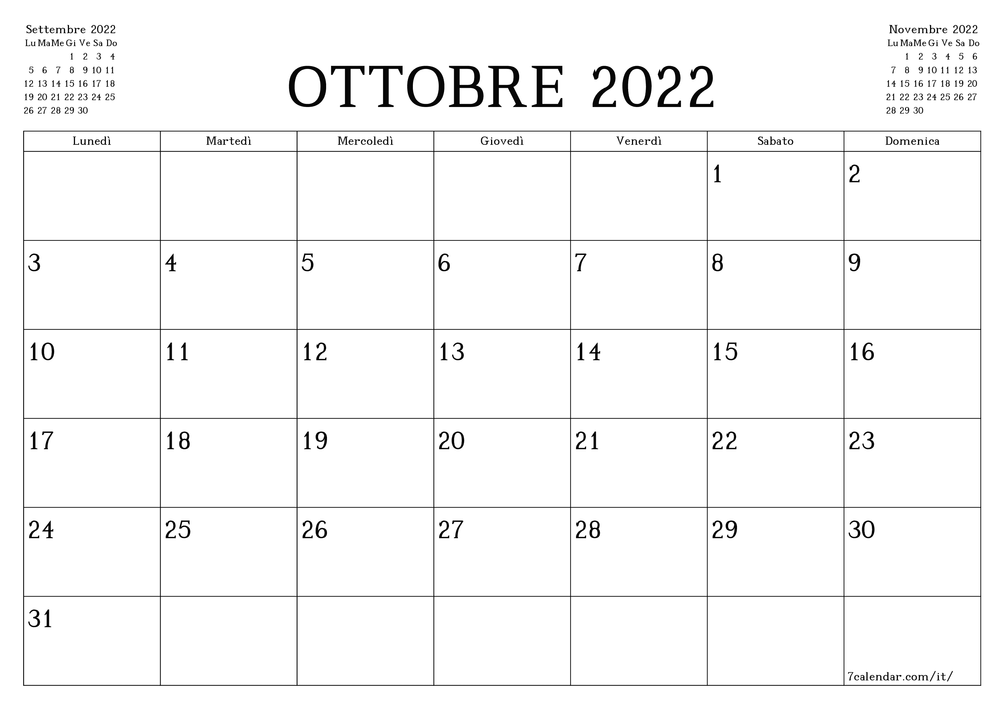 Pianificatore mensile vuoto per il mese Ottobre 2022 con note, salva e stampa in PDF PNG Italian - 7calendar.com