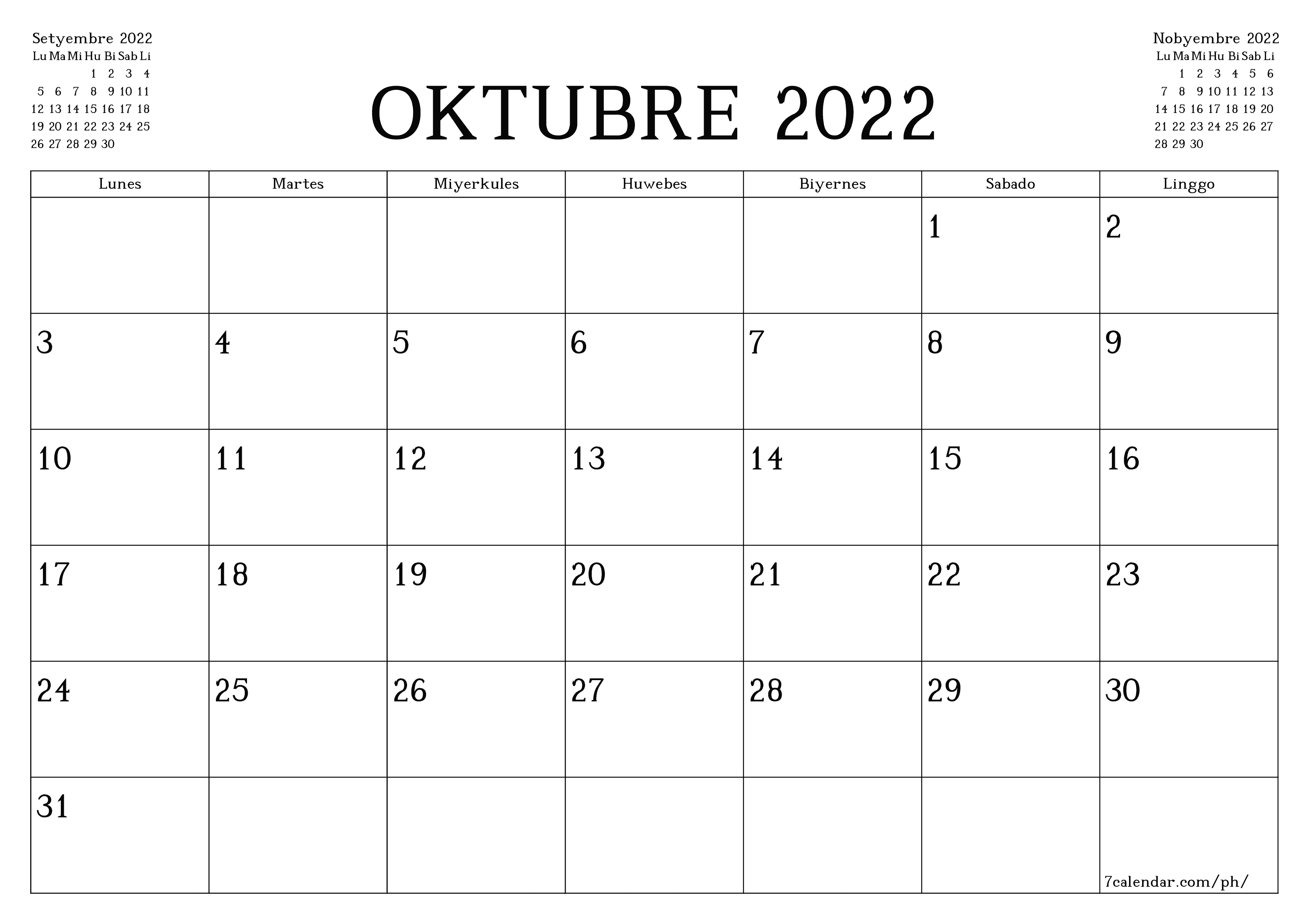 Walang laman na buwanang tagaplano para sa buwan na Oktubre 2022 na may mga tala, i-save at i-print sa PDF PNG Filipino