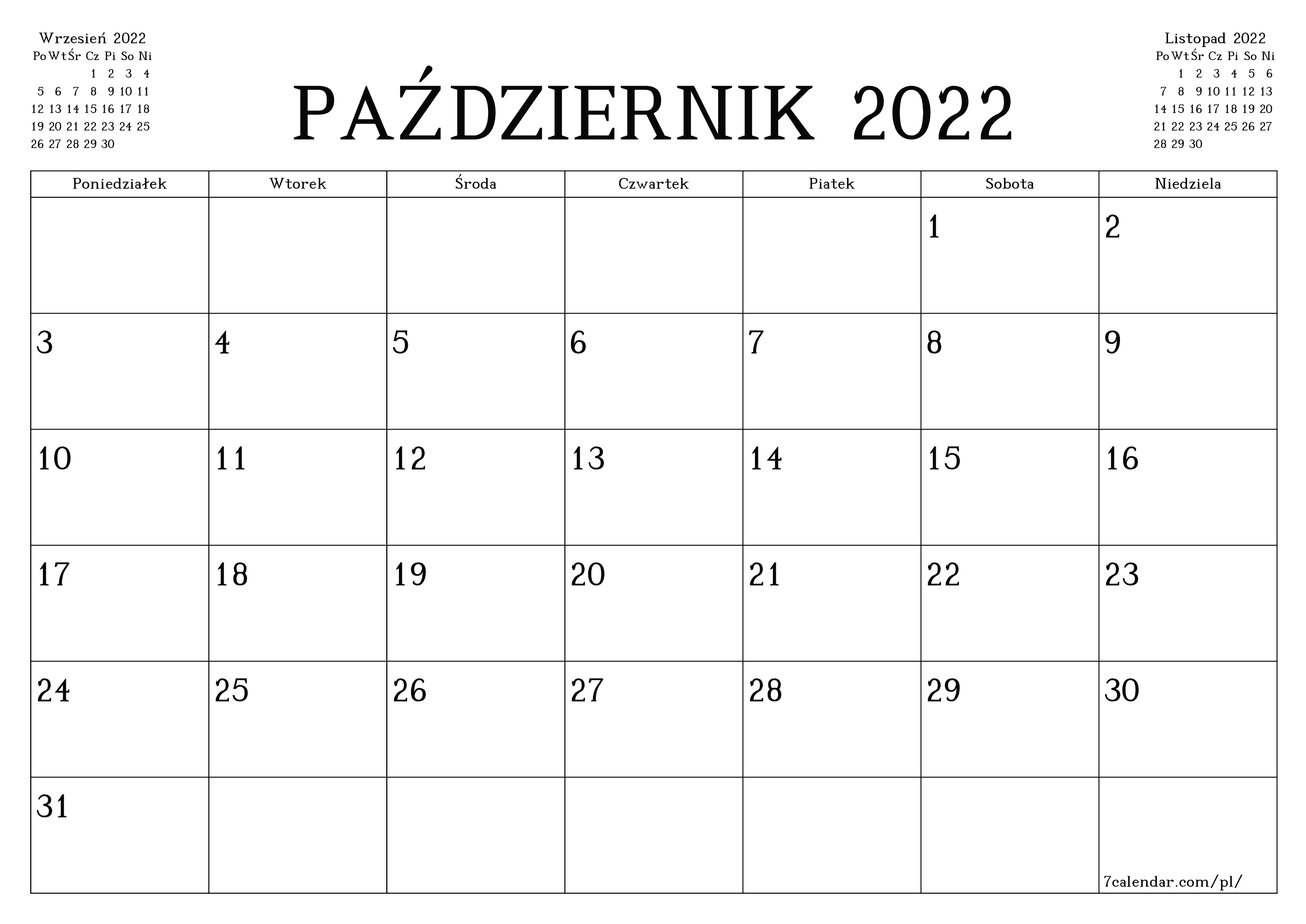 Opróżnij miesięczny planer na miesiąc Październik 2022 z notatkami, zapisz i wydrukuj w formacie PDF PNG Polish - 7calendar.com