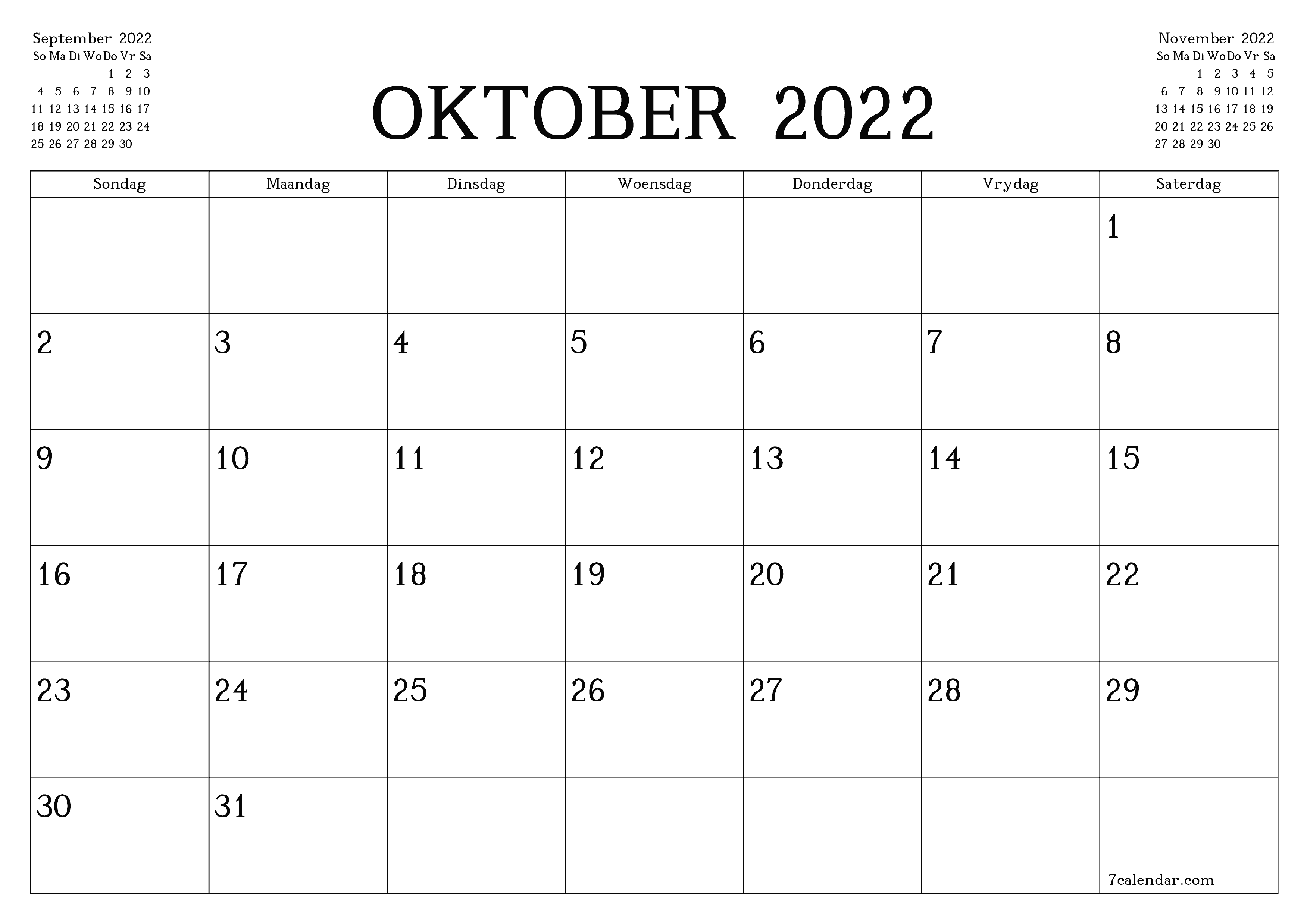 Leë maandelikse drukbare kalender en beplanner vir maand Oktober 2022 met notas stoor en druk na PDF PNG Afrikaans