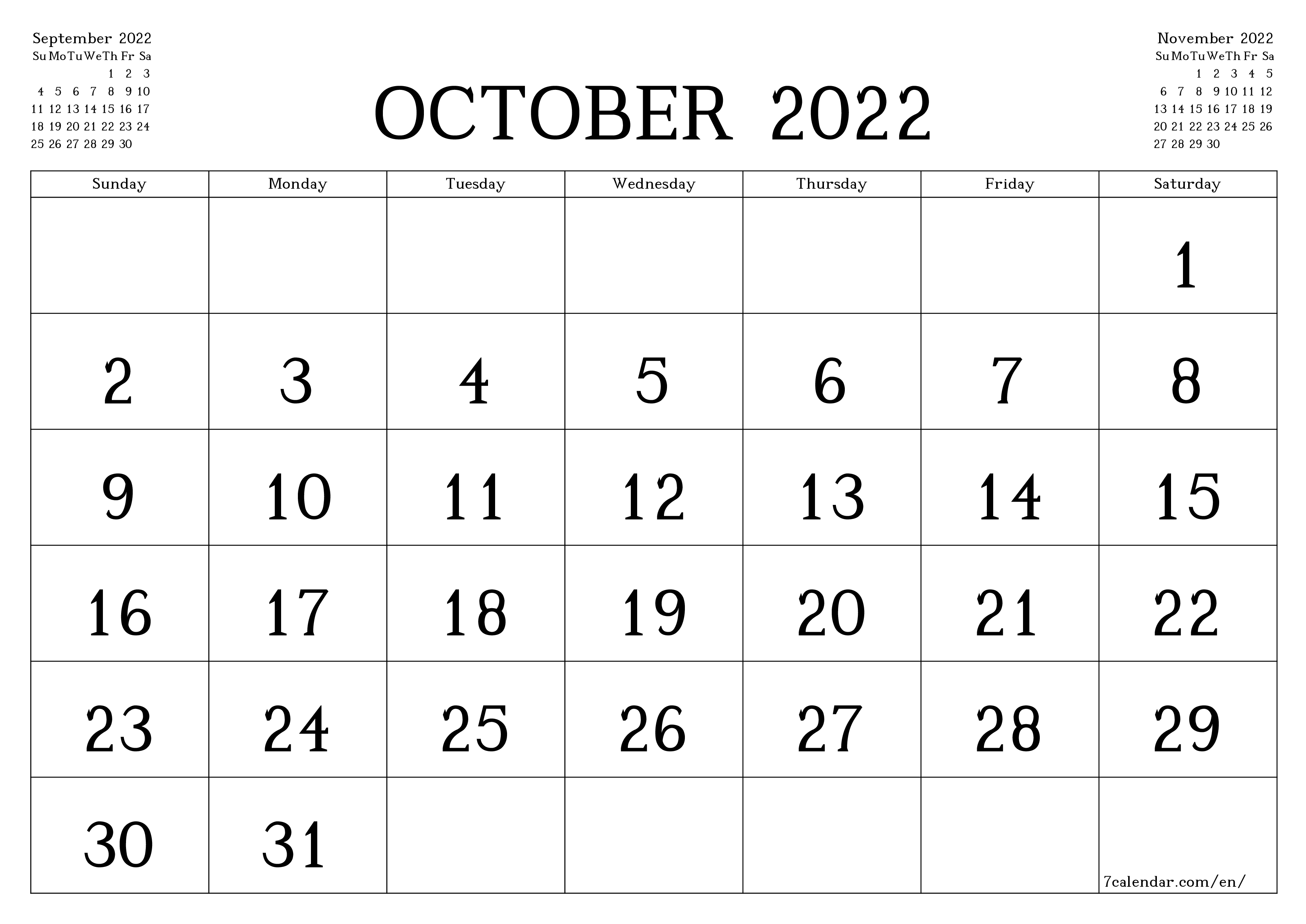 Blank monthly printable calendar and planner for month October 2022 with notes save and print to PDF PNG English
