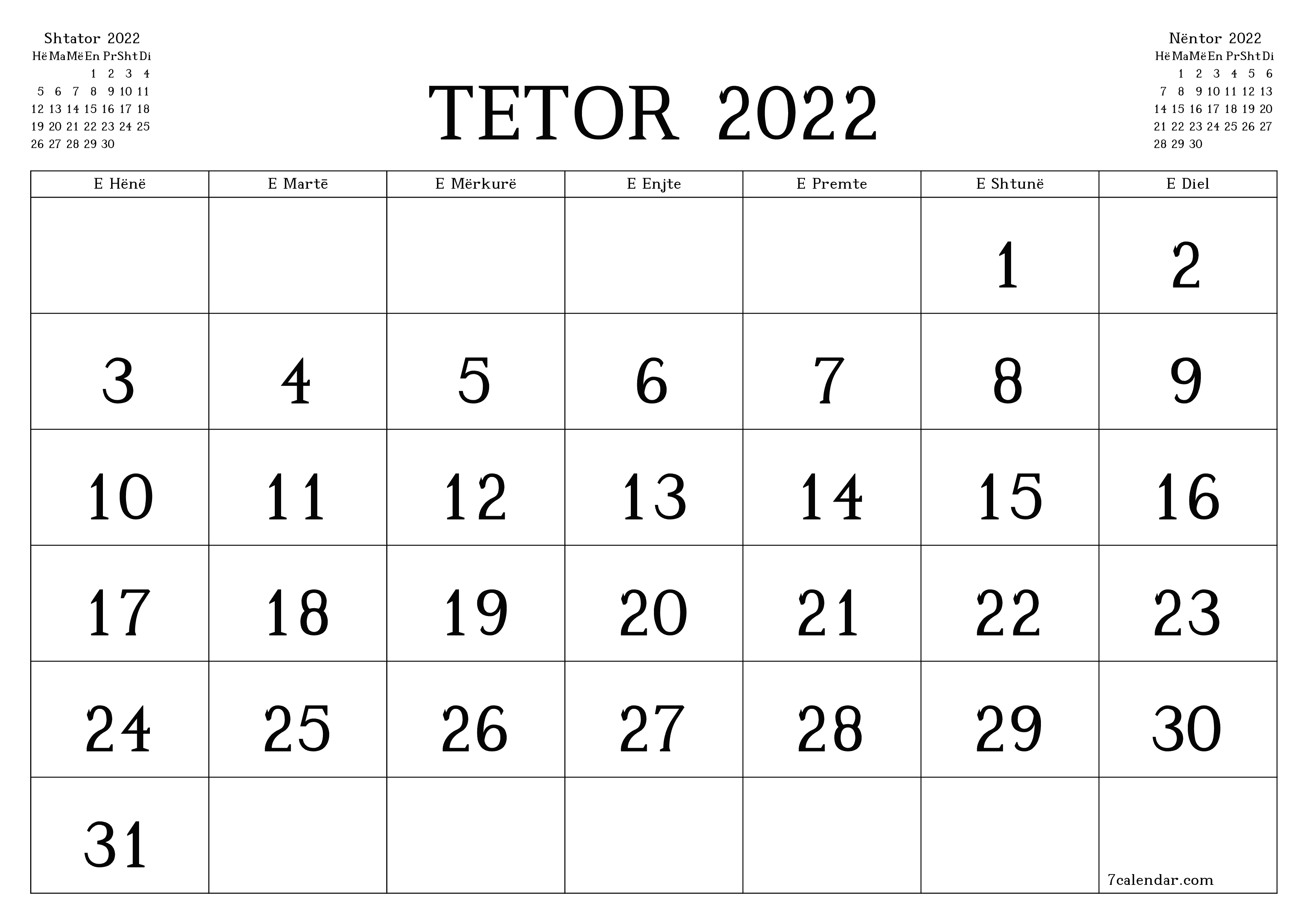 Planifikuesi i zbrazët i kalendarit mujor për muajin Tetor 2022 me shënime të ruajtura dhe të printuara në PDF PNG Albanian