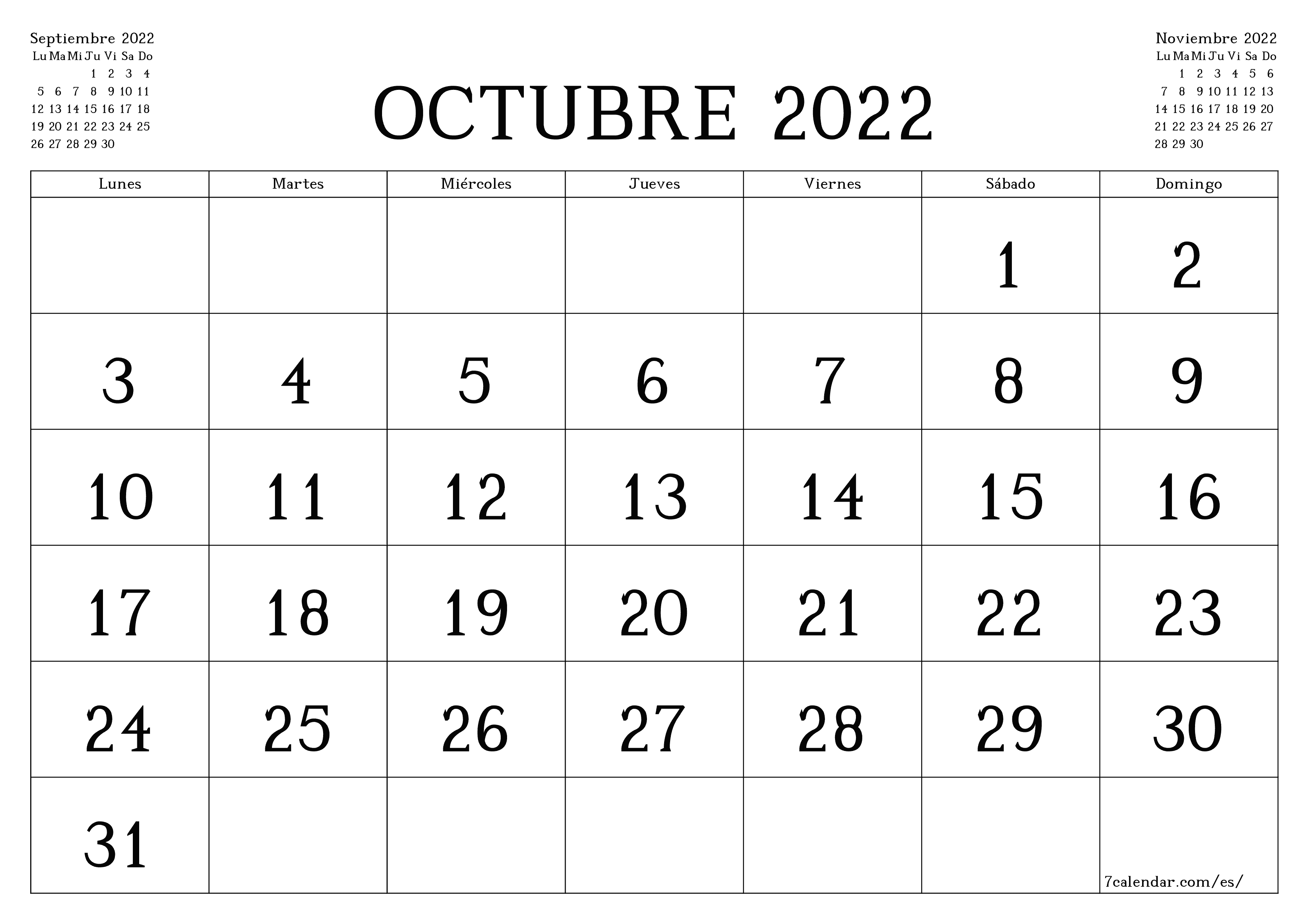 Planificador mensual vacío para el mes Octubre 2022 con notas, guardar e imprimir en PDF PNG Spanish