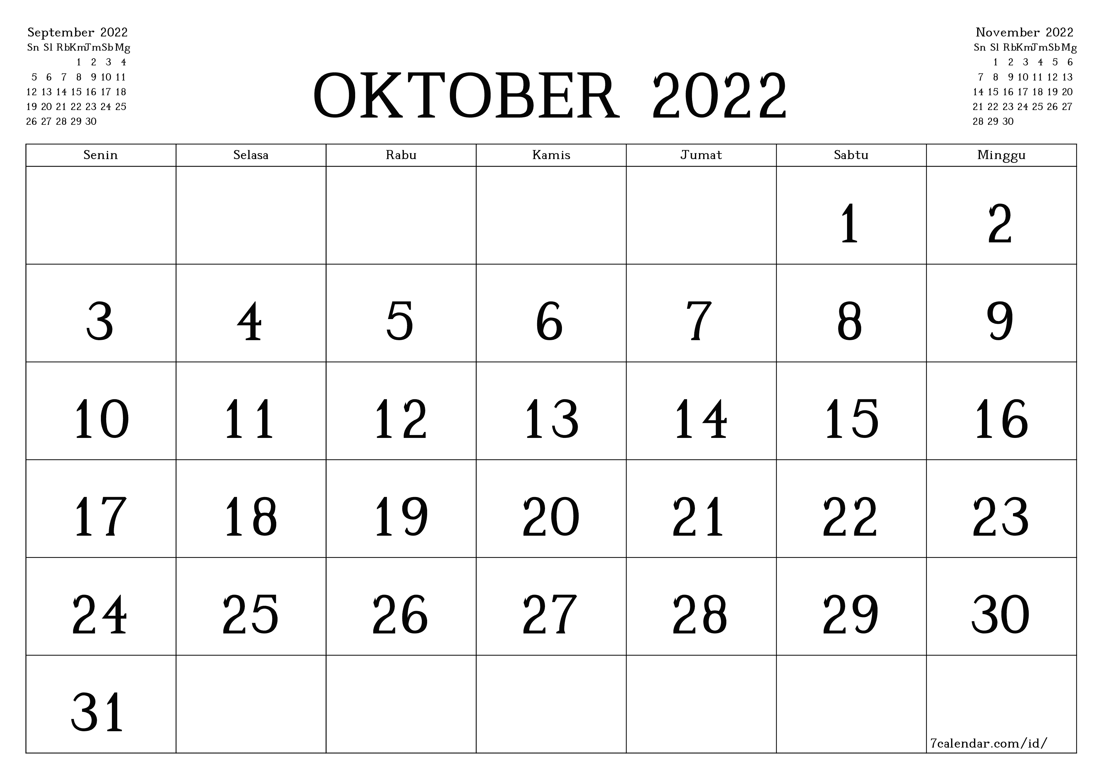 Kosongkan agenda bulanan untuk bulan Oktober 2022 dengan catatan, simpan dan cetak ke PDF PNG Indonesian - 7calendar.com