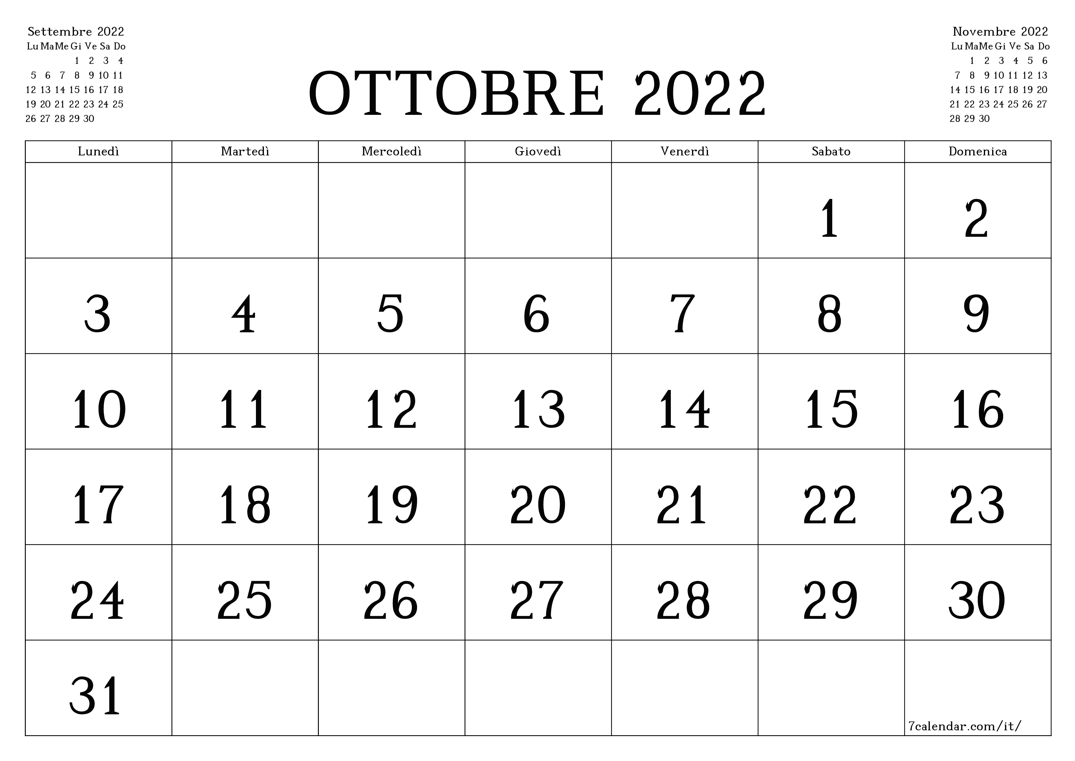 Pianificatore mensile vuoto per il mese Ottobre 2022 con note, salva e stampa in PDF PNG Italian