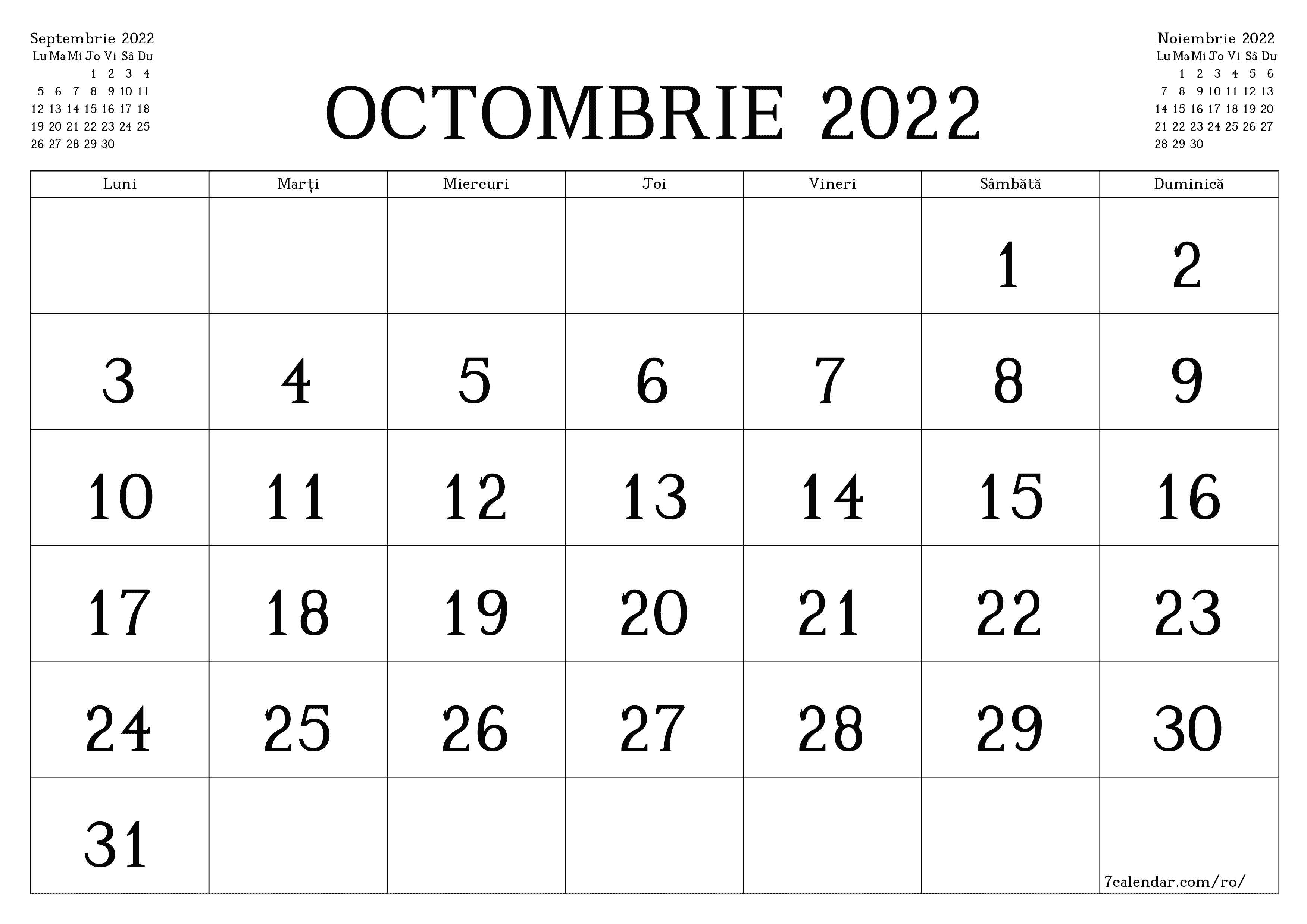 Planificator lunar gol pentru luna Octombrie 2022 cu note, salvați și tipăriți în PDF PNG Romanian - 7calendar.com
