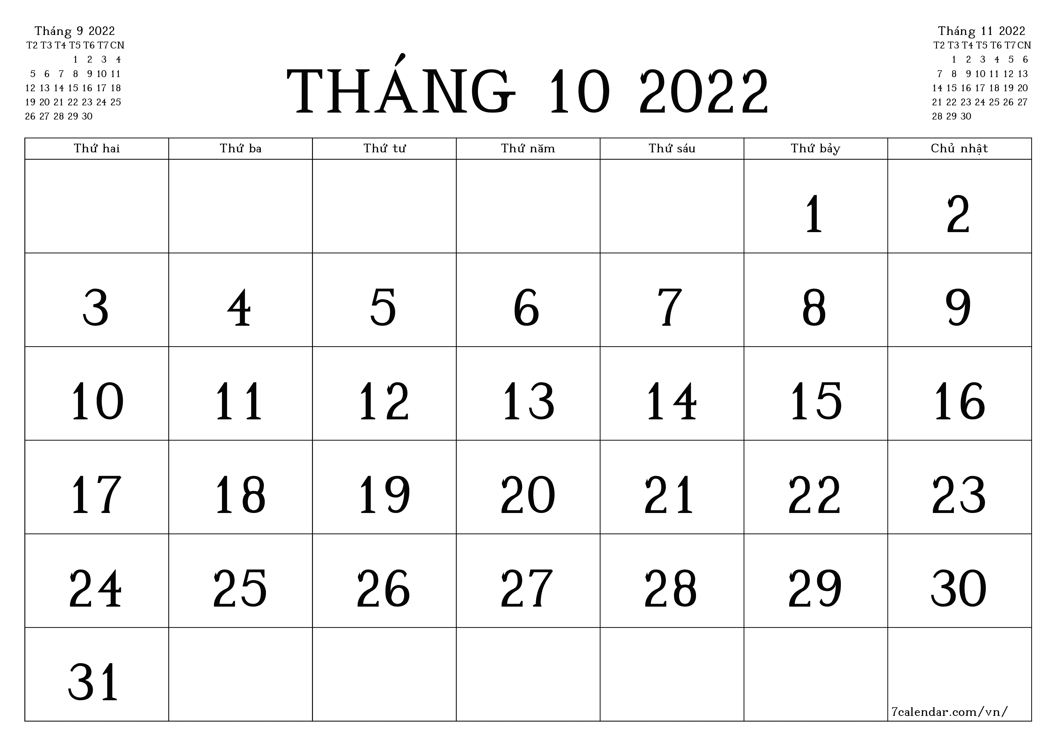 Công cụ lập kế hoạch hàng tháng trống cho tháng Tháng 10 2022 có ghi chú, lưu và in sang PDF PNG Vietnamese - 7calendar.com