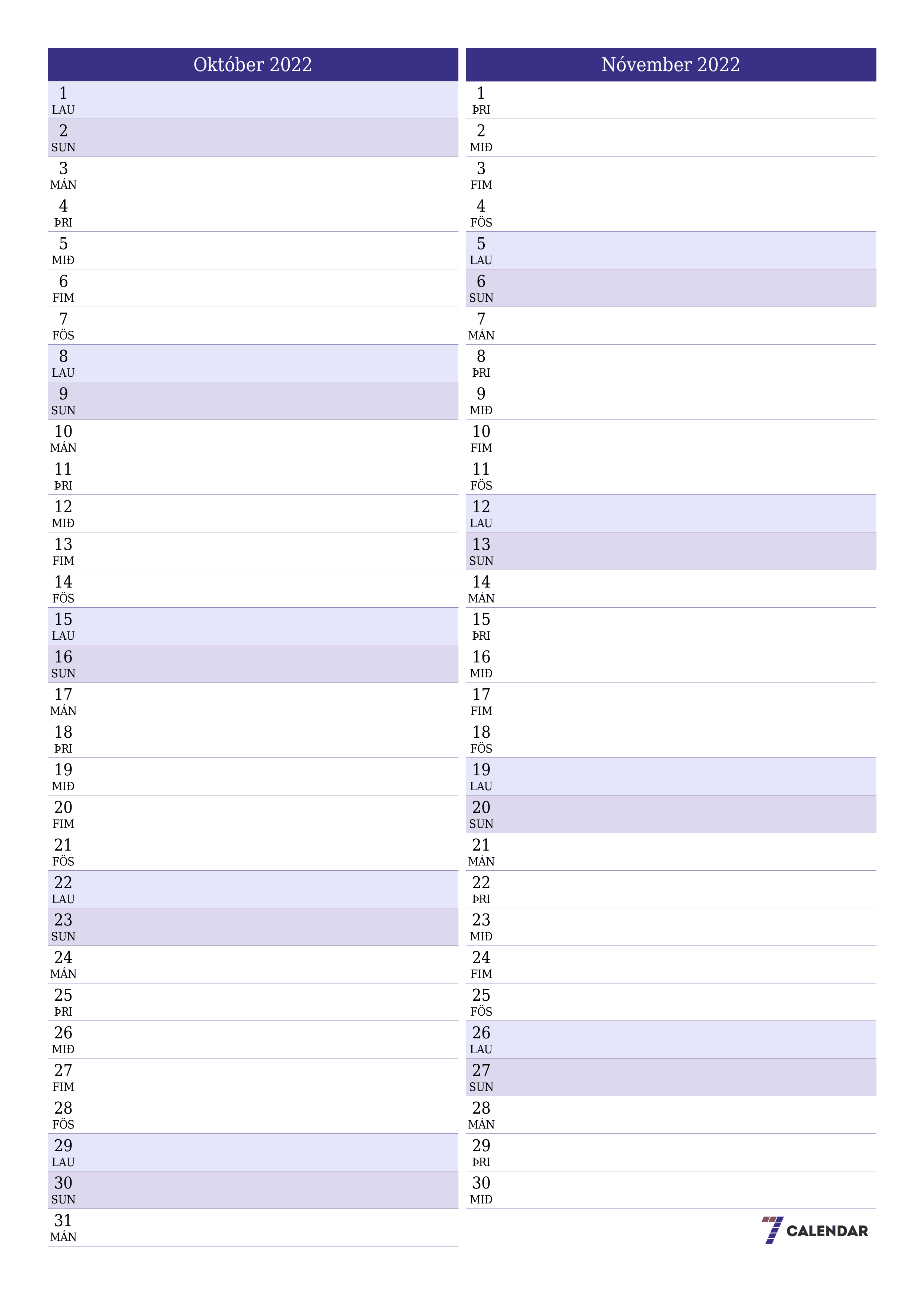 Tómur mánaðarlegur skipuleggjandi fyrir mánuðinn Október 2022 með athugasemdum, vista og prenta á PDF PNG Icelandic