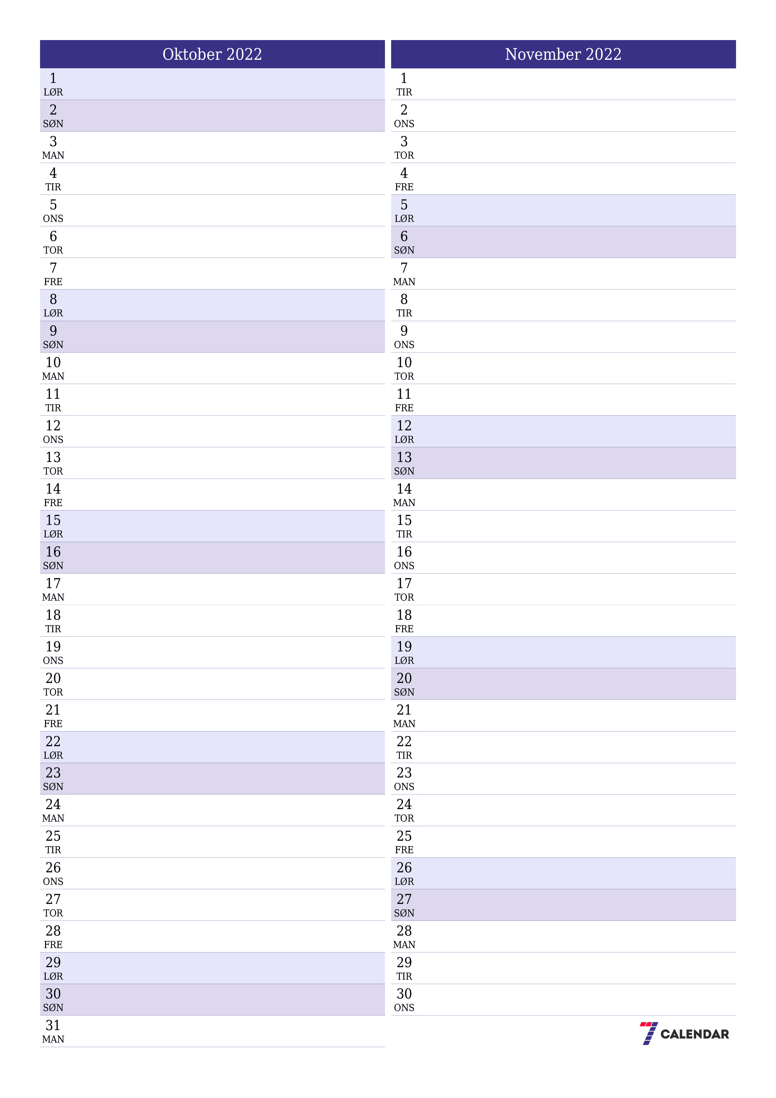 Tom månedlig planlegger for måned Oktober 2022 med notater, lagre og skriv ut til PDF PNG Norwegian