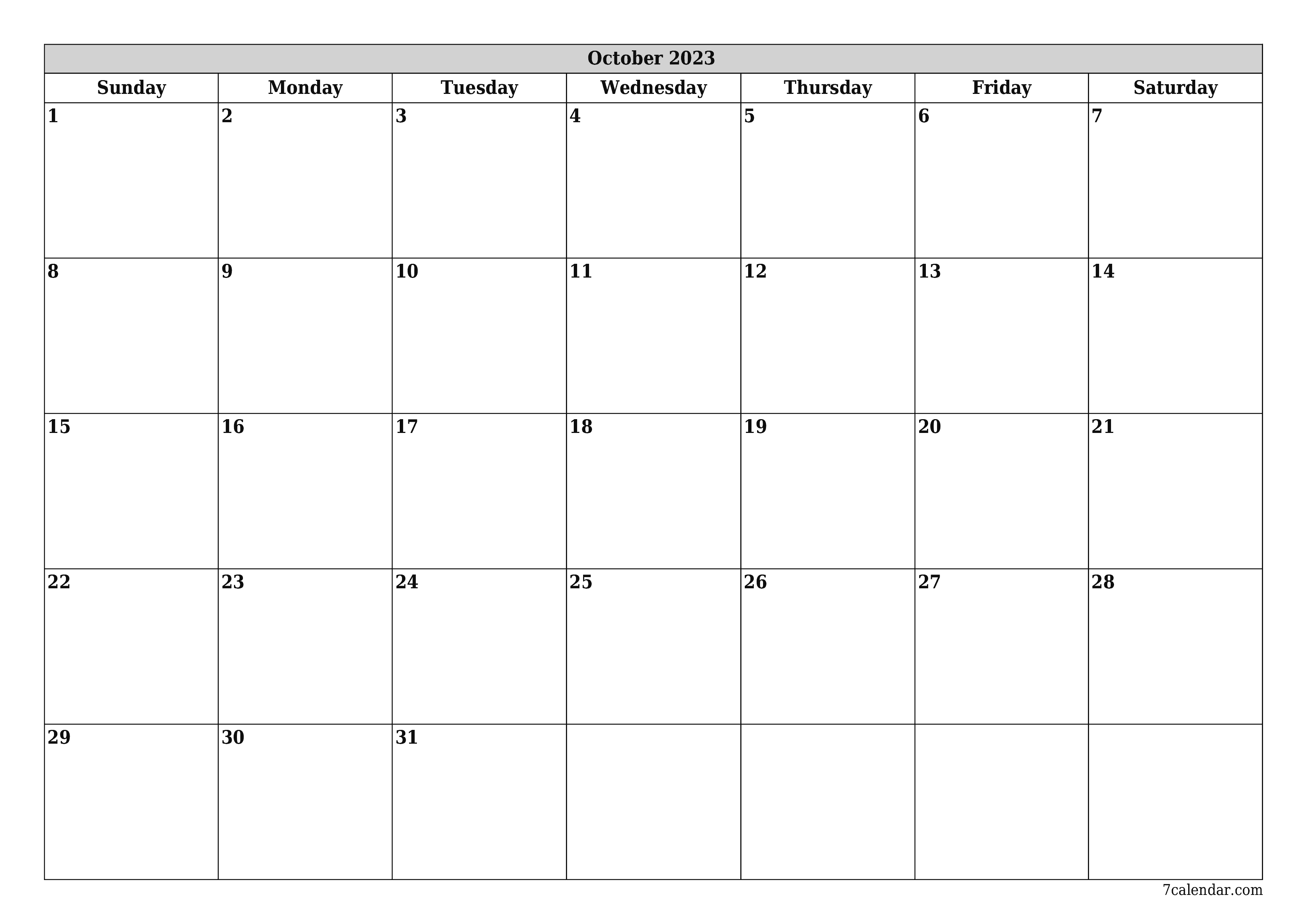 Blank monthly printable calendar and planner for month October 2023 with notes save and print to PDF PNG English