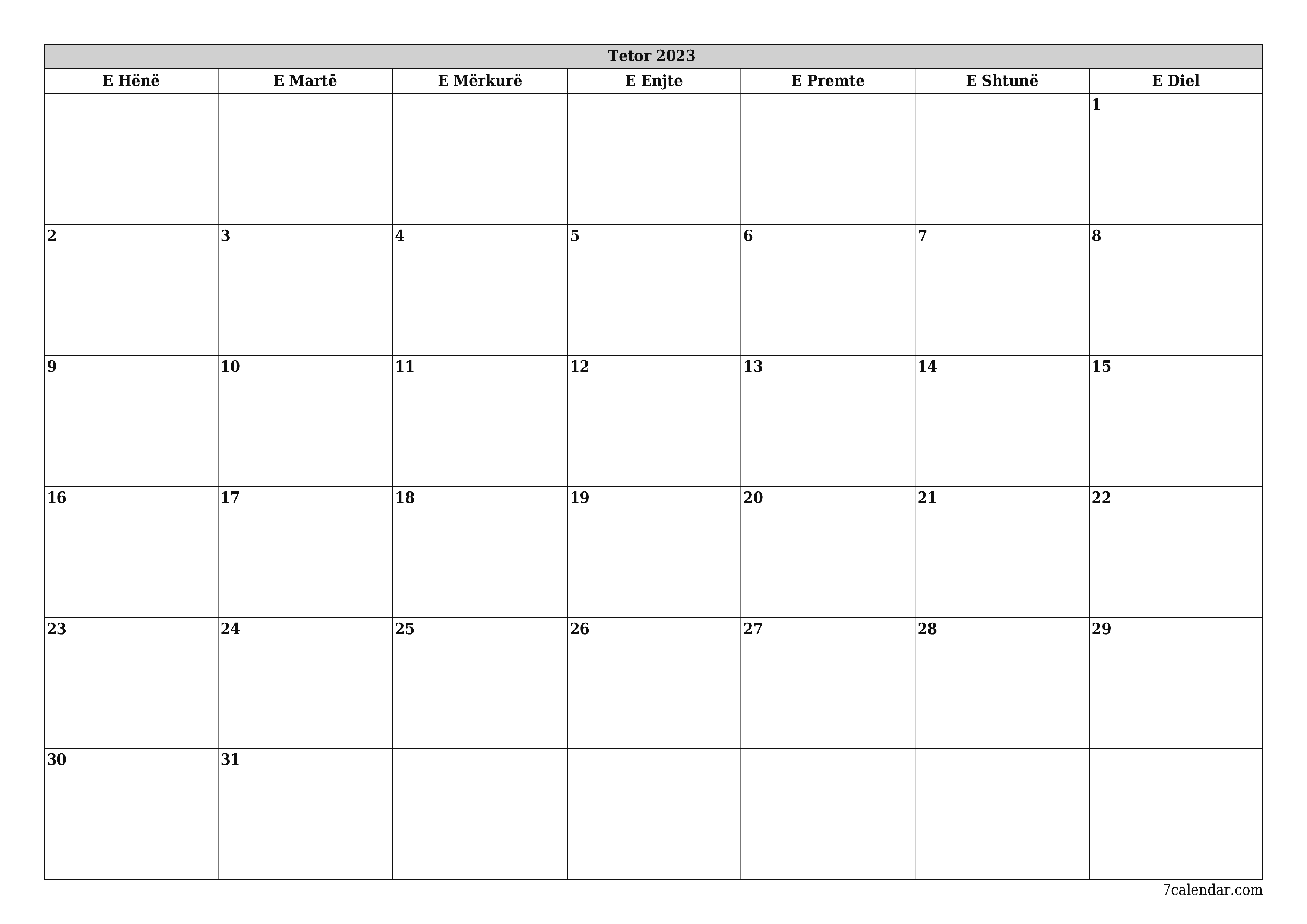 Planifikuesi i zbrazët i kalendarit mujor për muajin Tetor 2023 me shënime të ruajtura dhe të printuara në PDF PNG Albanian