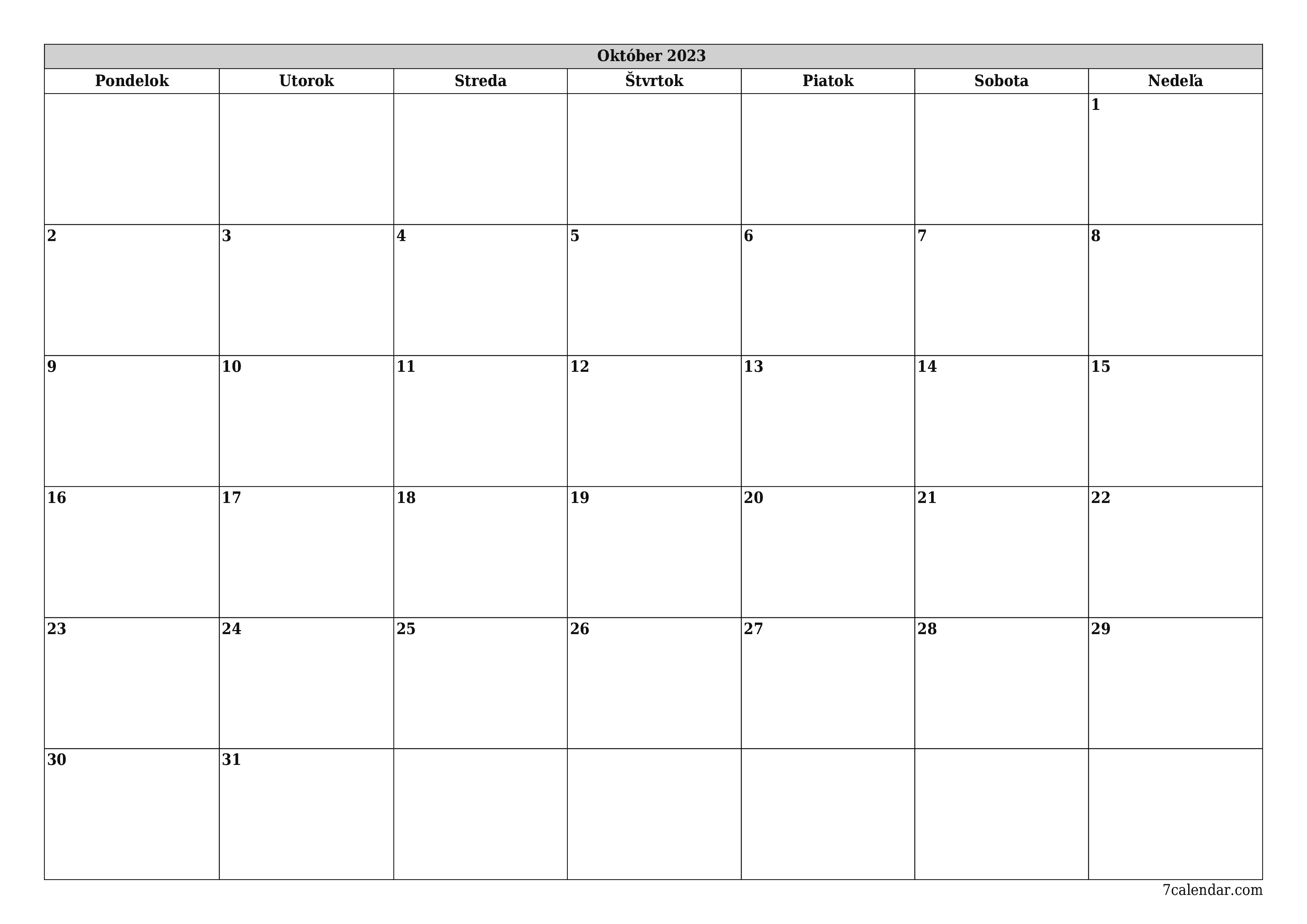 vytlačiteľný nástenný šablóna a bezplatný горизонтальный Mesačne plánovač kalendár Október (Okt) 2023