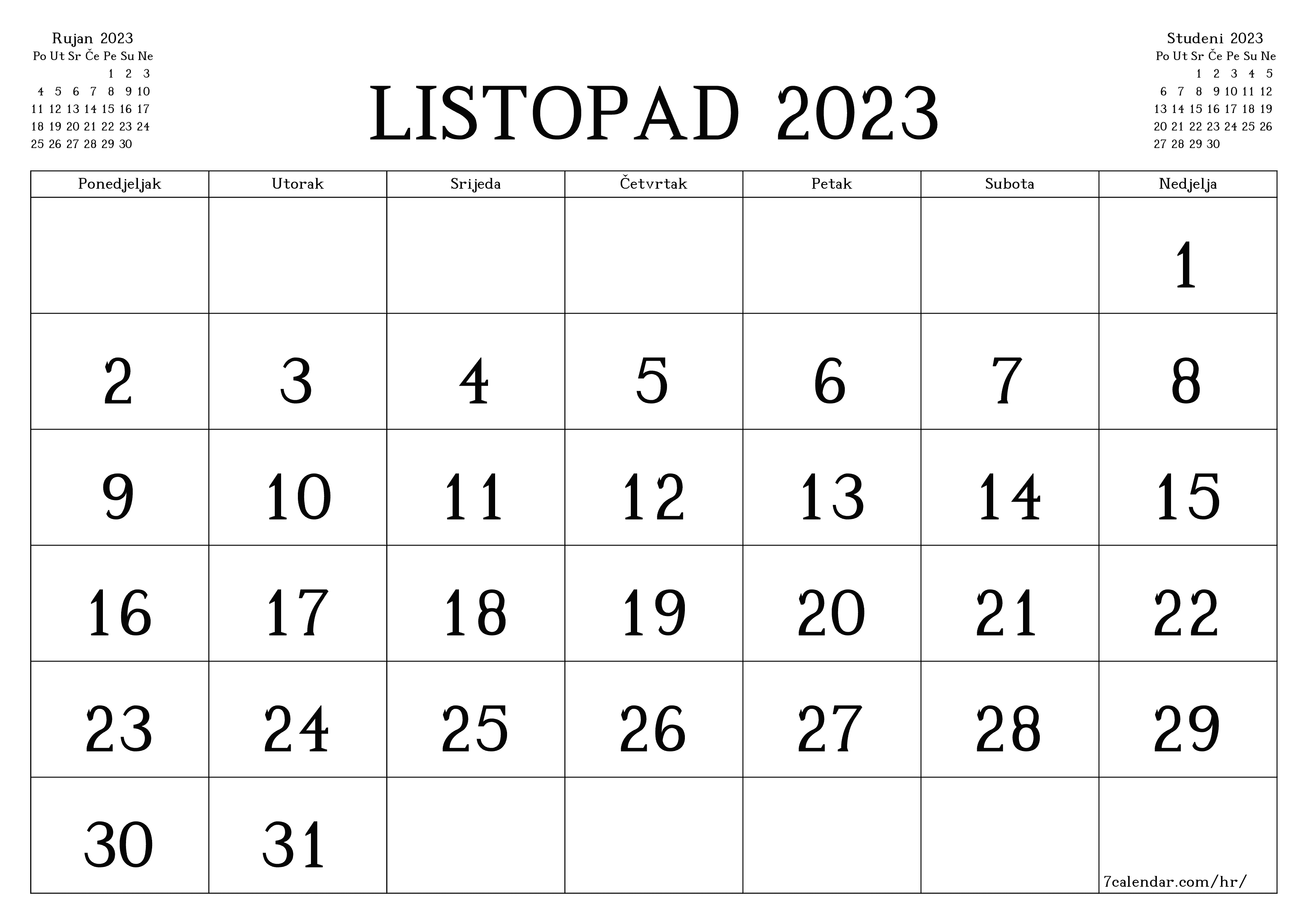Prazan mjesečni kalendar za mjesec Listopad 2023 spremite i ispišite u PDF PNG Croatian - 7calendar.com