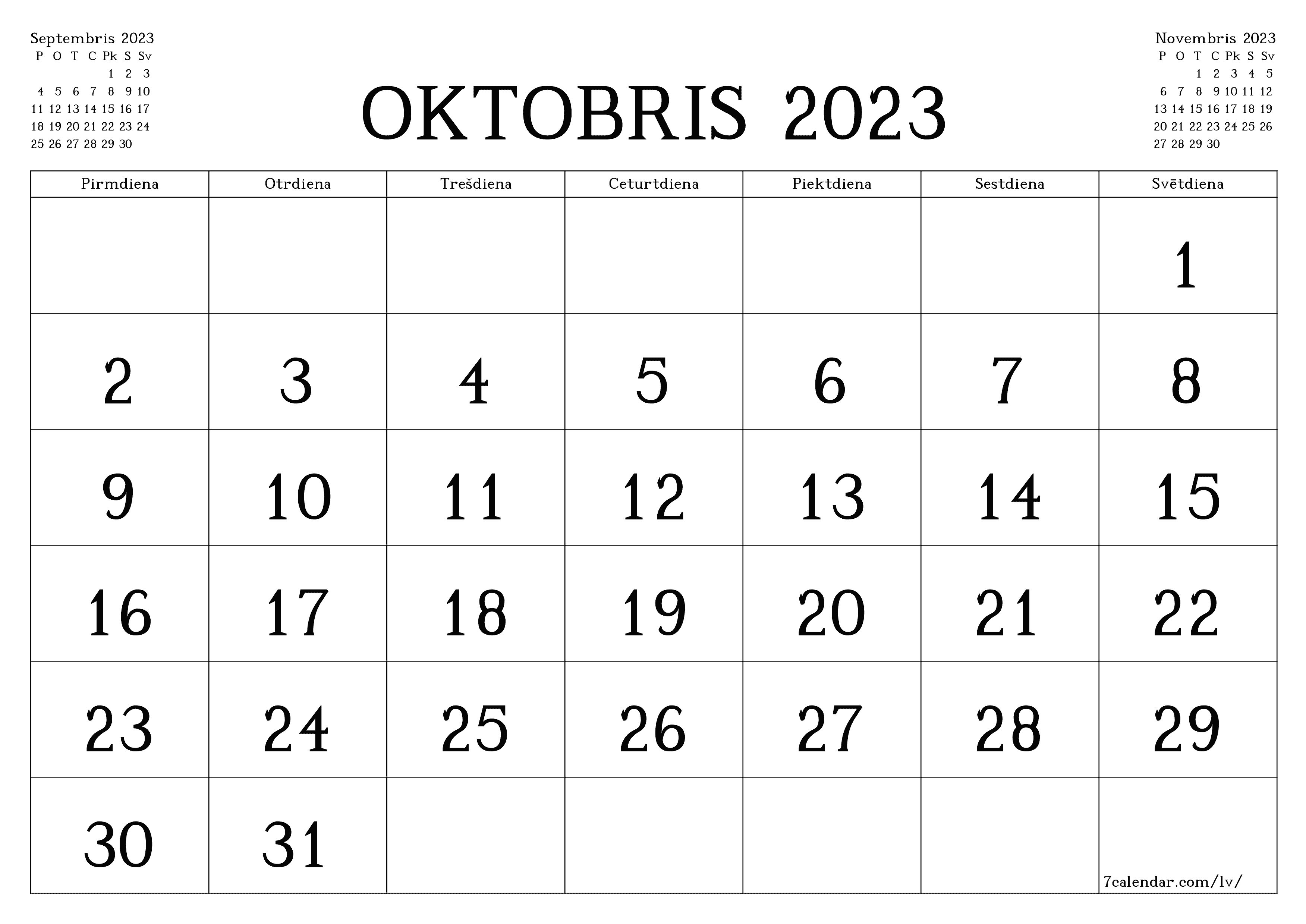 Mēneša tukšs mēneša kalendārs Oktobris 2023 Saglabāt un izdrukāt PDF formātā PNG Latvian - 7calendar.com