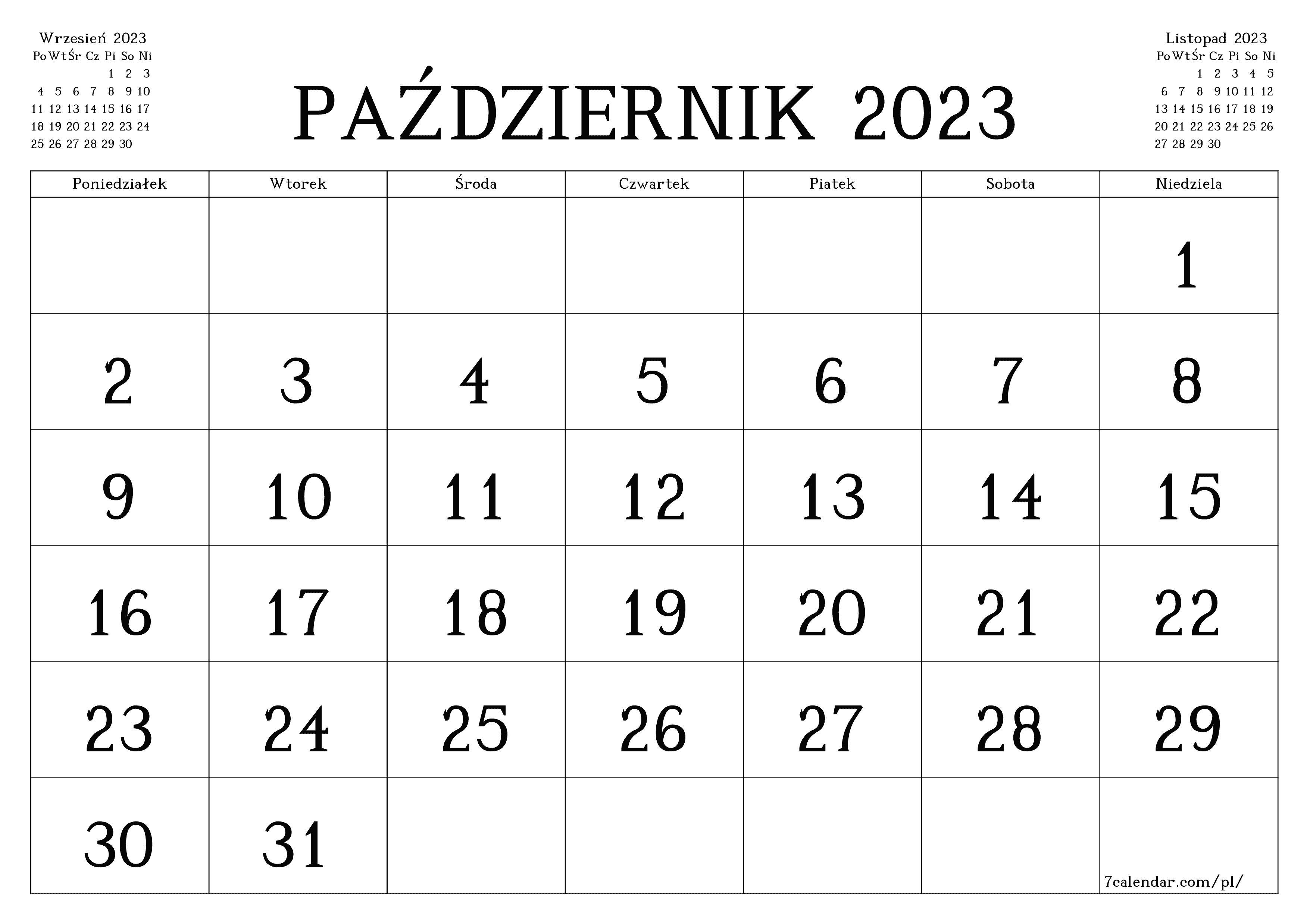 Pusty kalendarz miesięczny na miesiąc Październik 2023 zapisywanie i drukowanie w formacie PDF PNG Polish - 7calendar.com