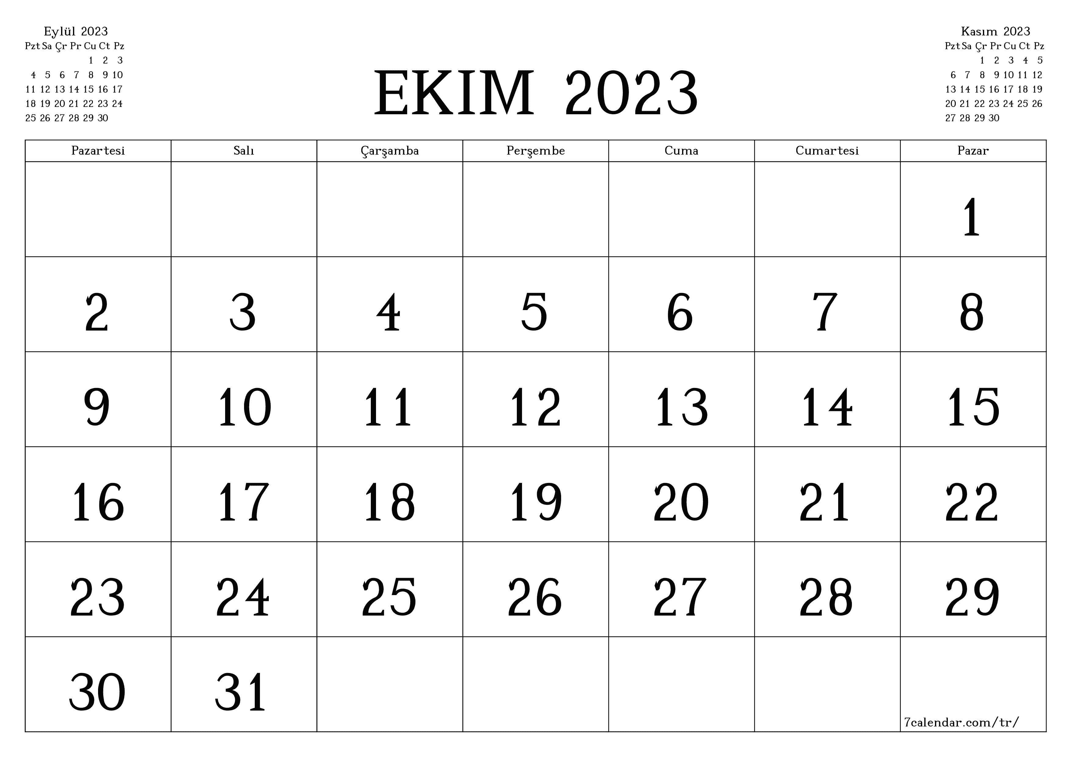 Ekim 2023 ayı için boş aylık takvim kaydedin ve PDF'ye yazdırın PNG Turkish - 7calendar.com