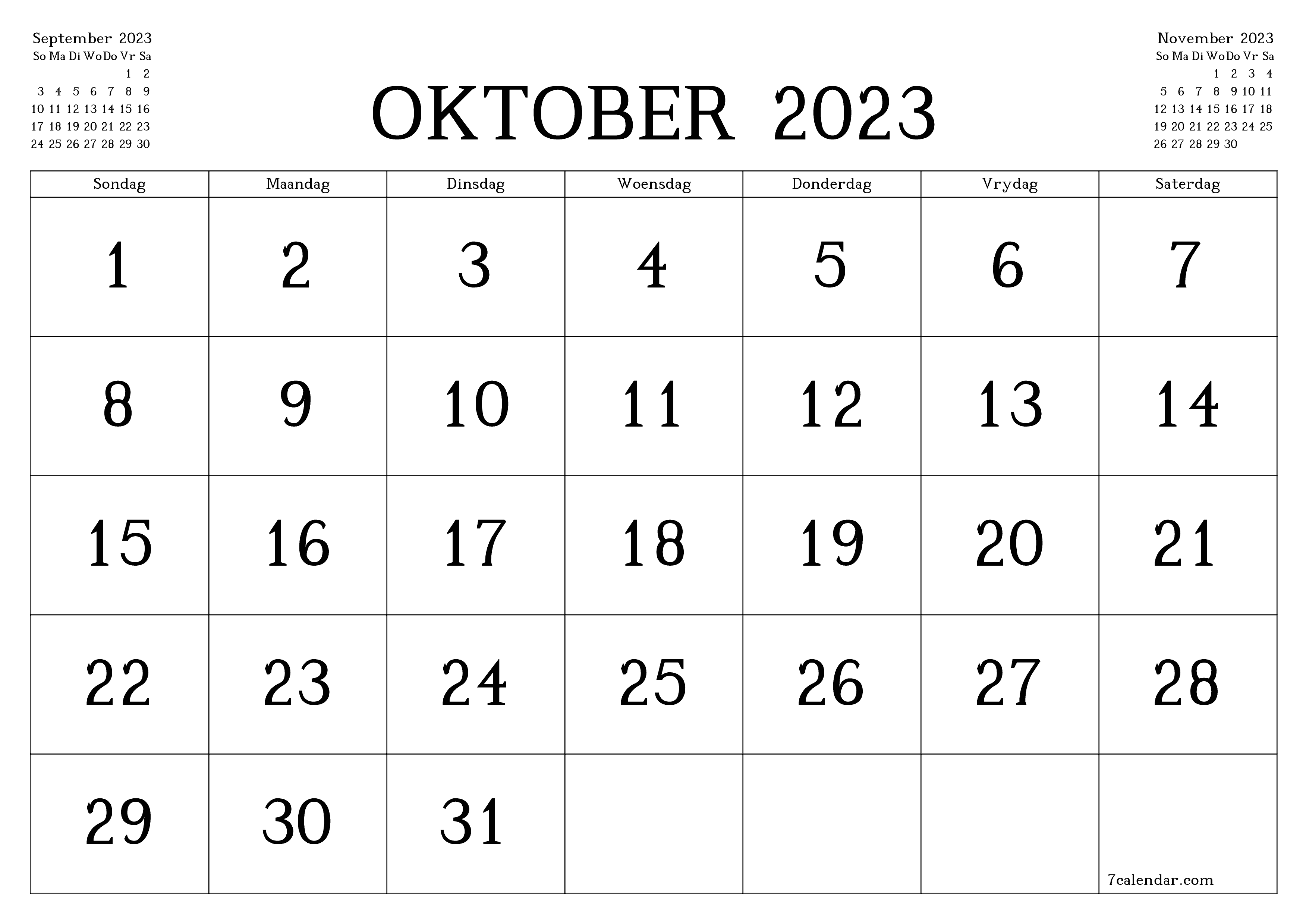 Leë maandelikse drukbare kalender en beplanner vir maand Oktober 2023 met notas stoor en druk na PDF PNG Afrikaans