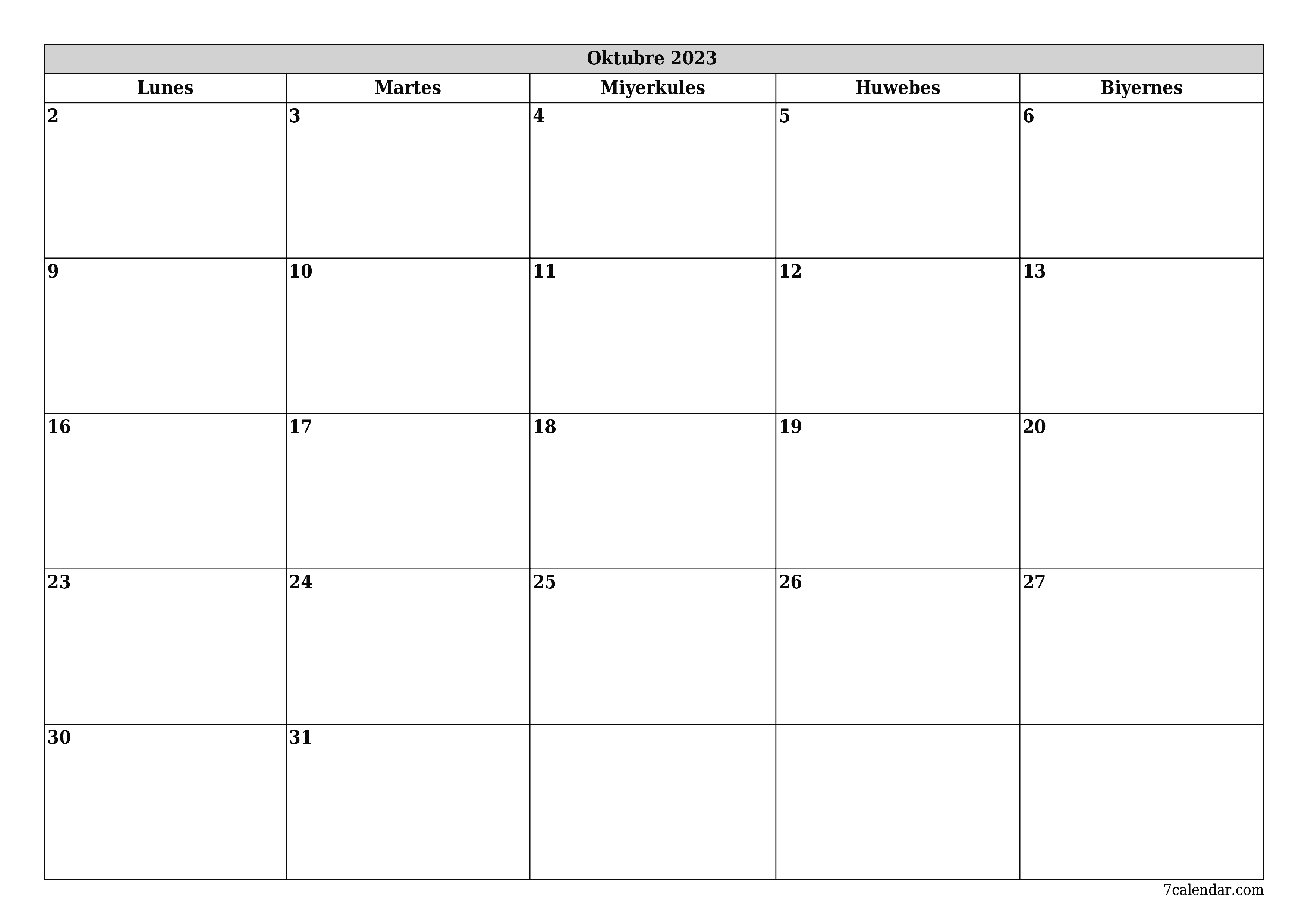 napi-print na sa dingding template ng libreng pahalang Buwanang tagaplano kalendaryo Oktubre (Okt) 2023