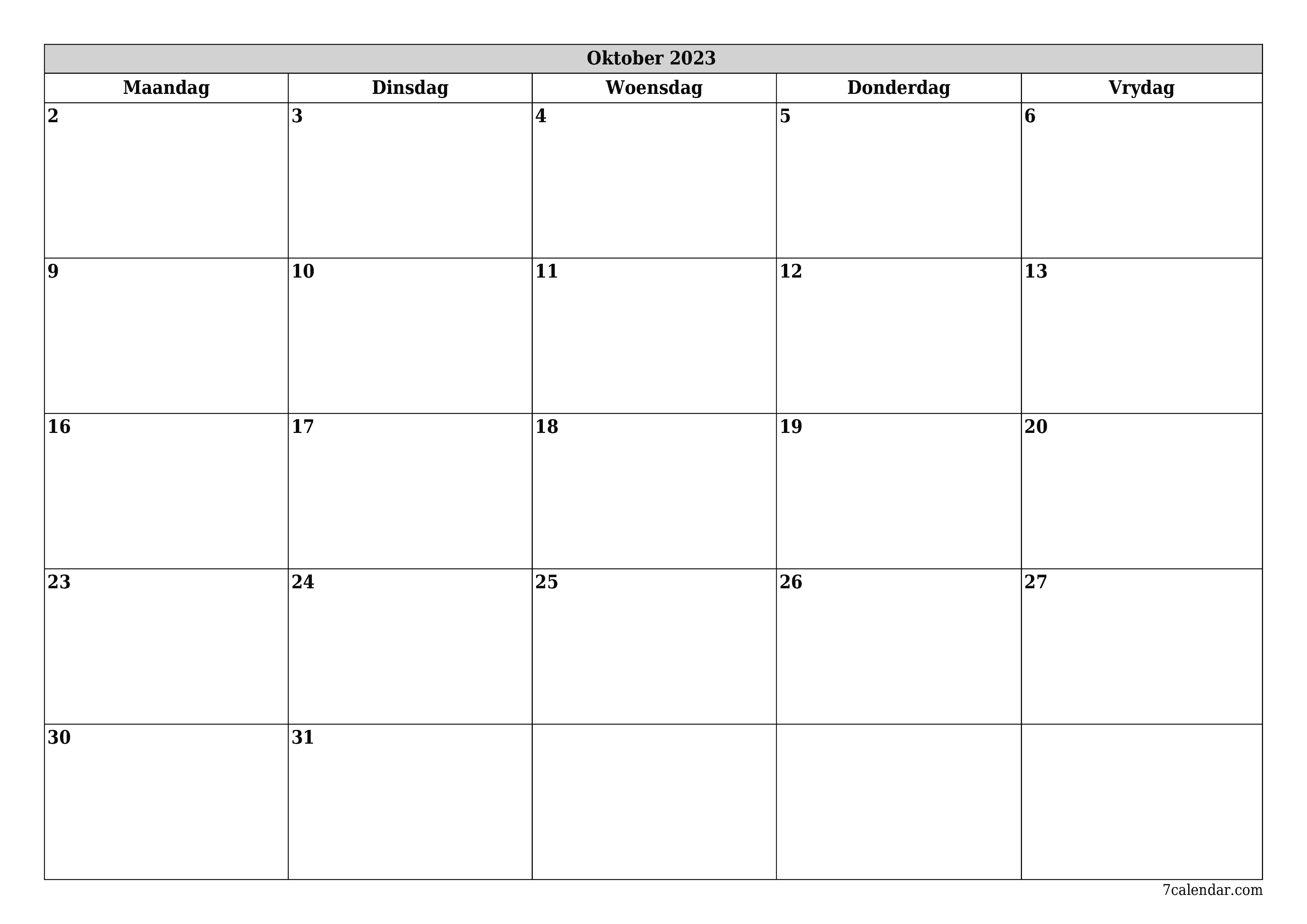 Leë maandelikse drukbare kalender en beplanner vir maand Oktober 2023 met notas stoor en druk na PDF PNG Afrikaans