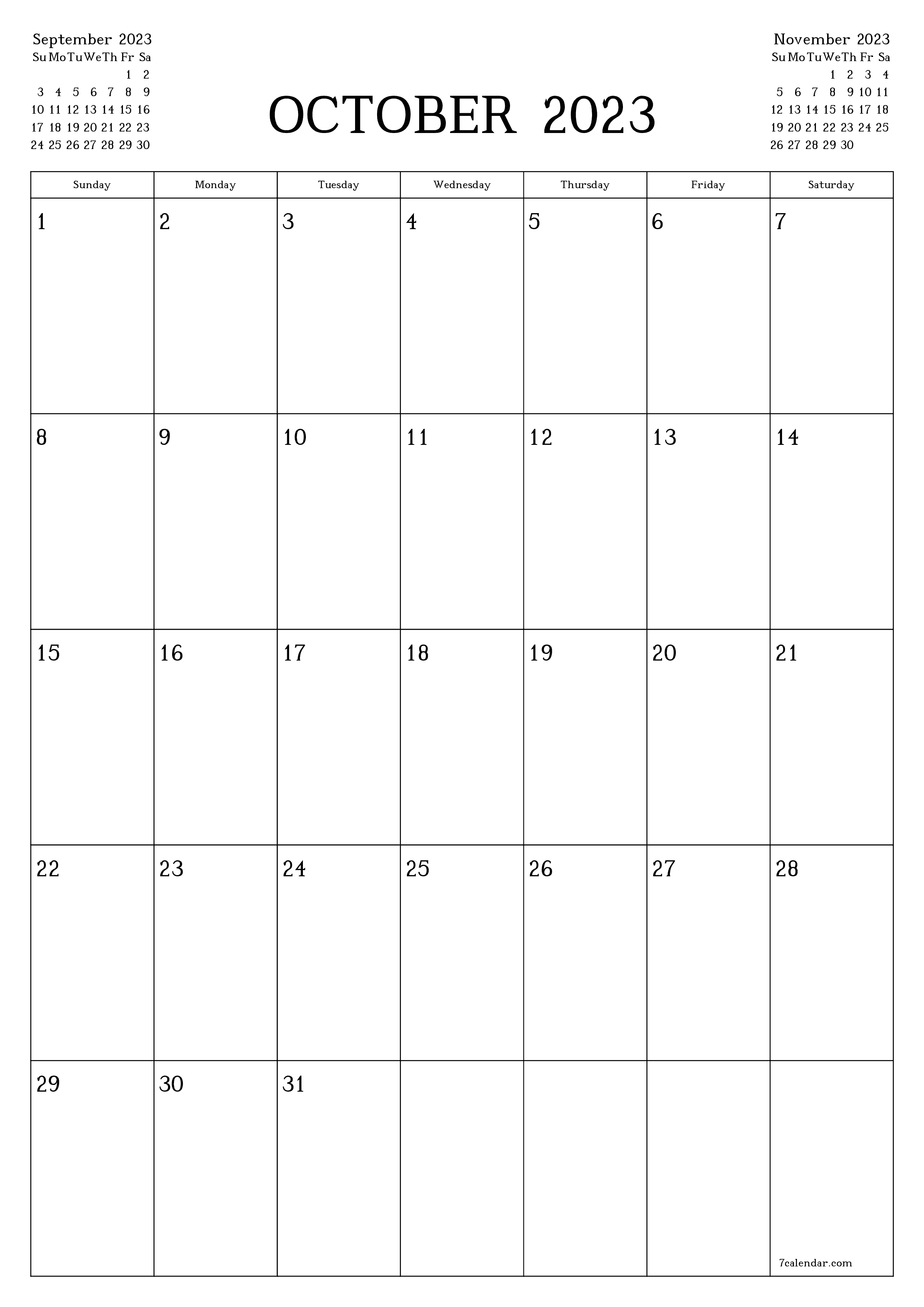 Blank monthly printable calendar and planner for month October 2023 with notes save and print to PDF PNG English - 7calendar.com