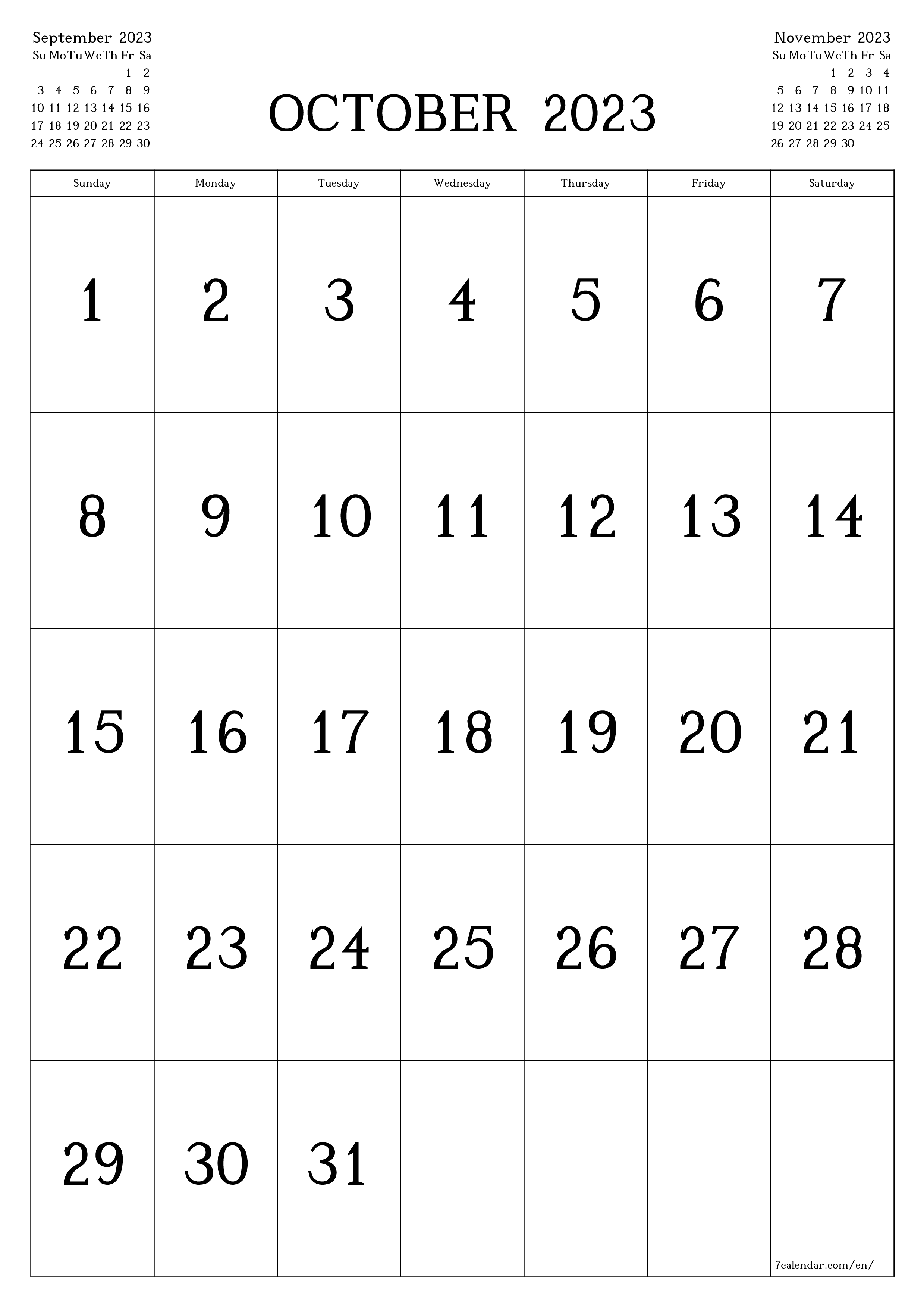 Blank monthly printable calendar and planner for month October 2023 with notes save and print to PDF PNG English - 7calendar.com