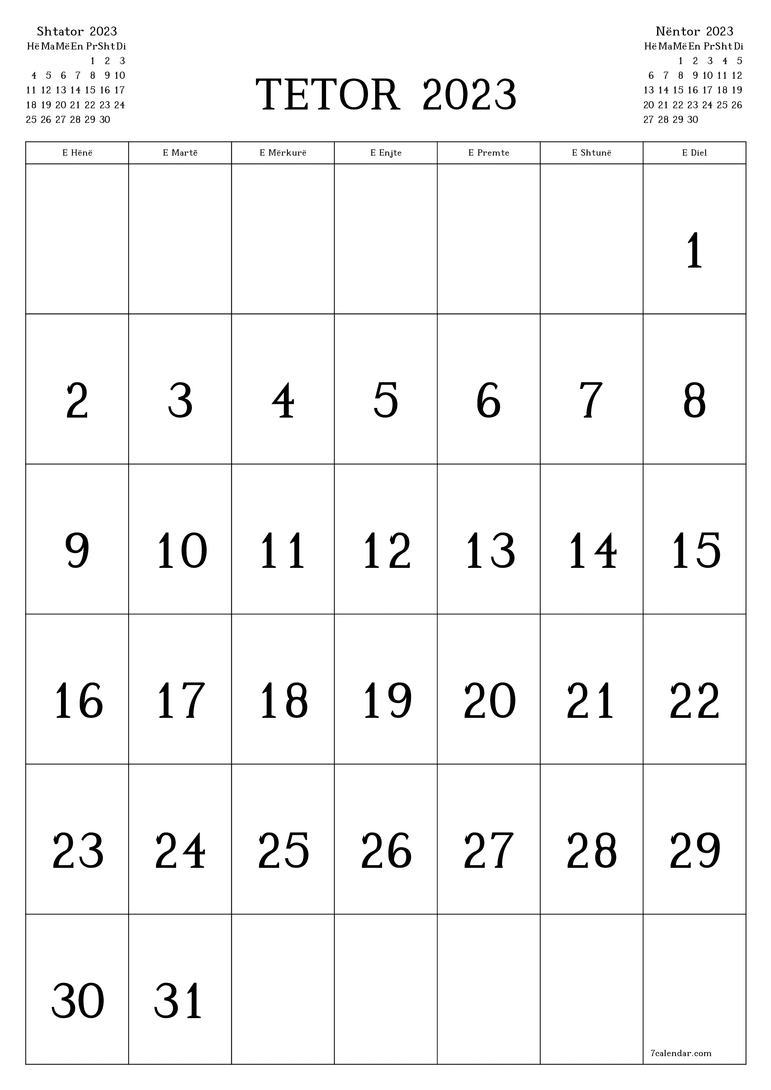  i printueshëm muri shabllon falasvertikale mujore kalendar Tetor (Tet) 2023