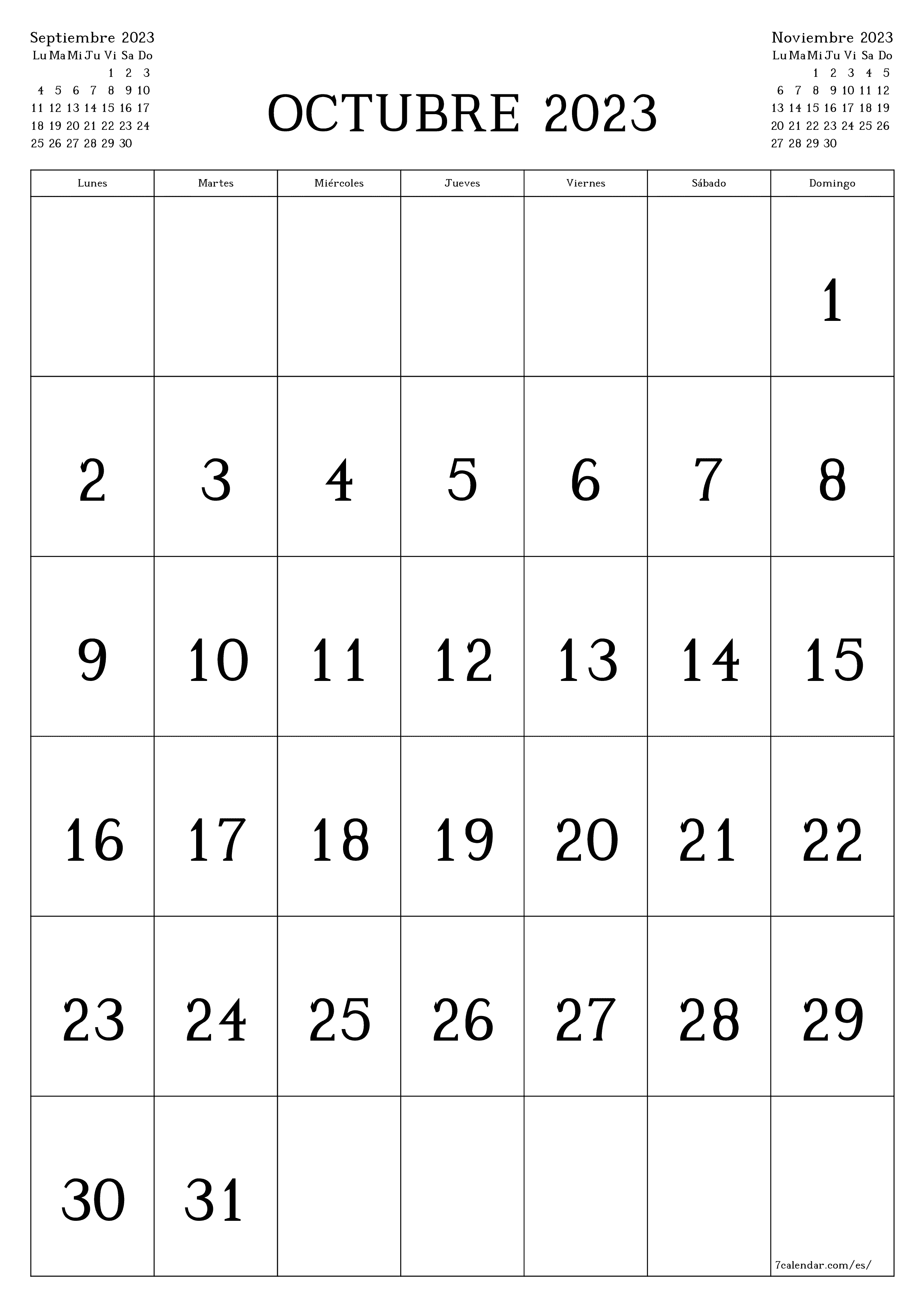 Calendario mensual en blanco para el mes Octubre 2023 guardar e imprimir en PDF PNG Spanish - 7calendar.com