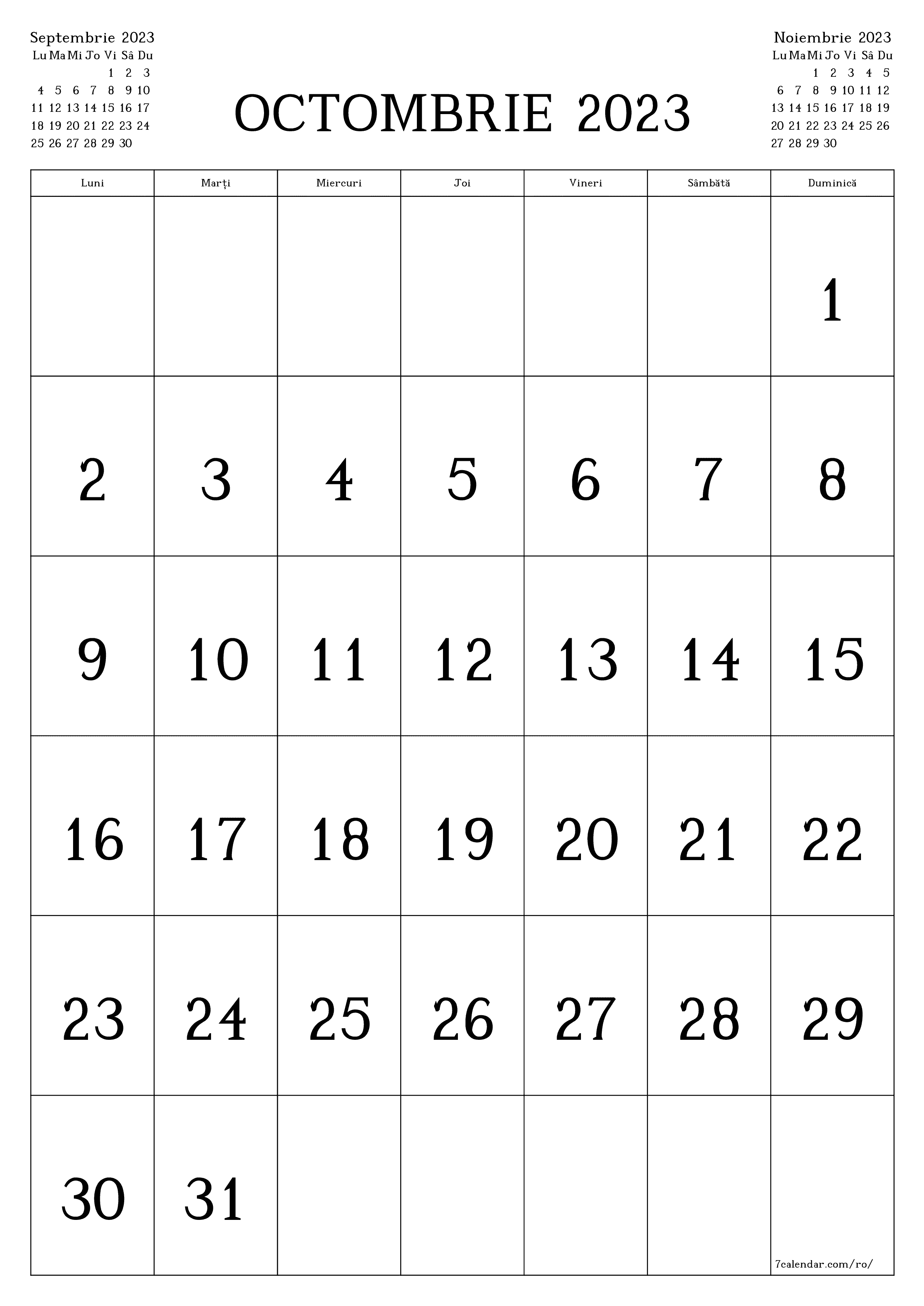 Calendar lunar gol pentru luna Octombrie 2023 salvați și tipăriți în PDF PNG Romanian - 7calendar.com