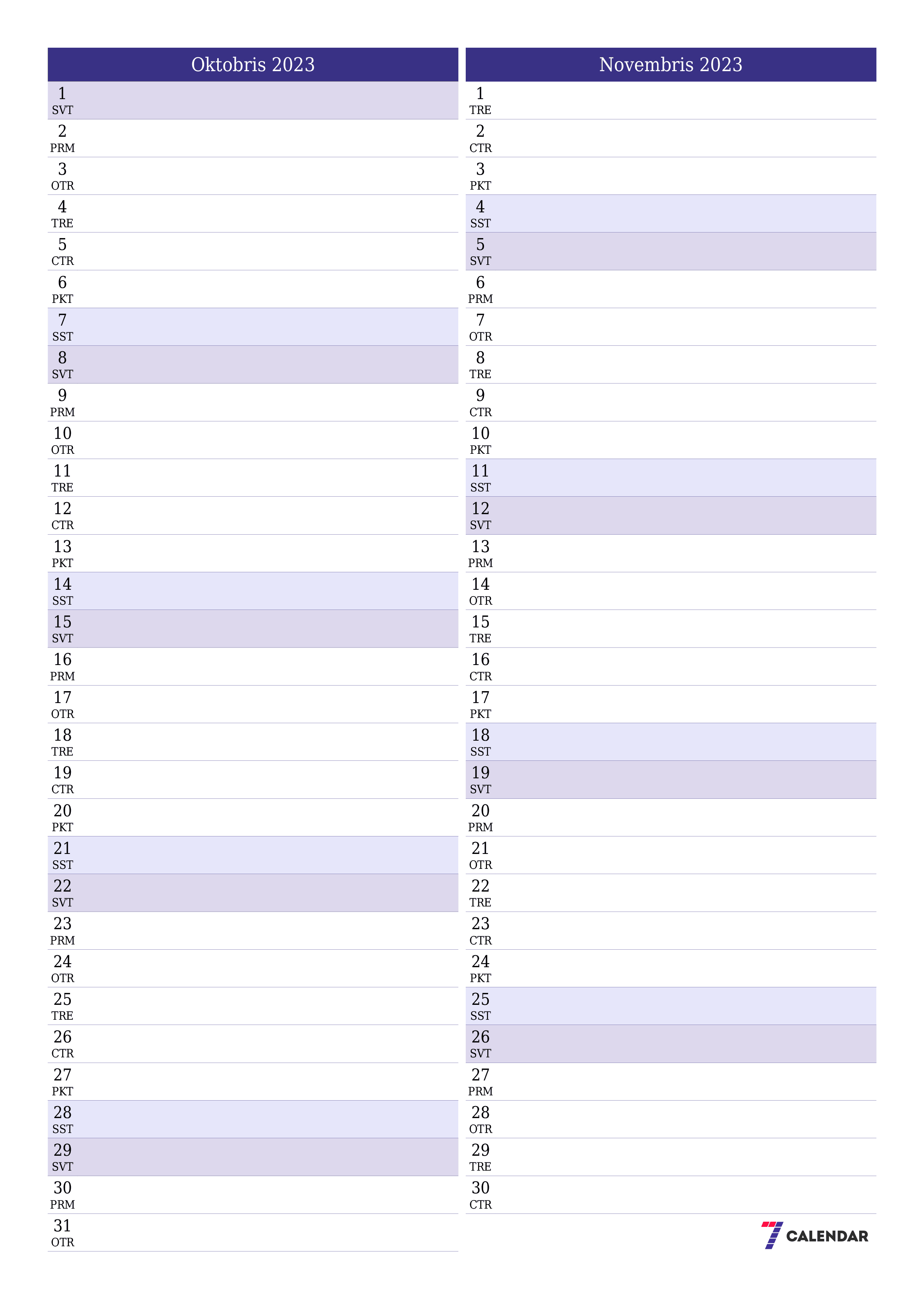 Iztukšot mēneša plānotāju mēnesim Oktobris 2023 ar piezīmēm, saglabāt un izdrukāt PDF formātā PNG Latvian