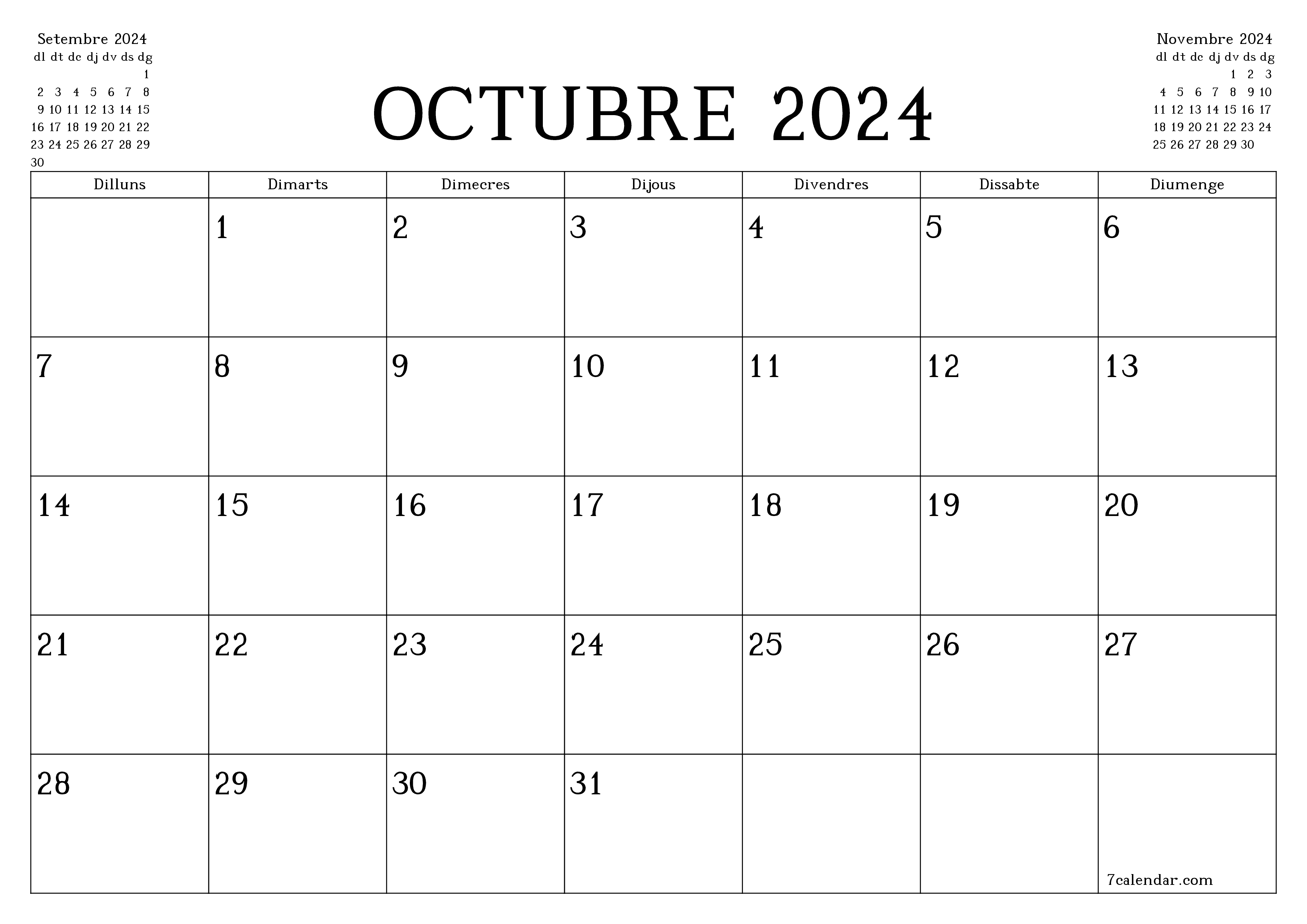 Planificador mensual buit del mes Octubre 2024 amb notes, deseu-lo i imprimiu-lo en format PDF PNG Catalan