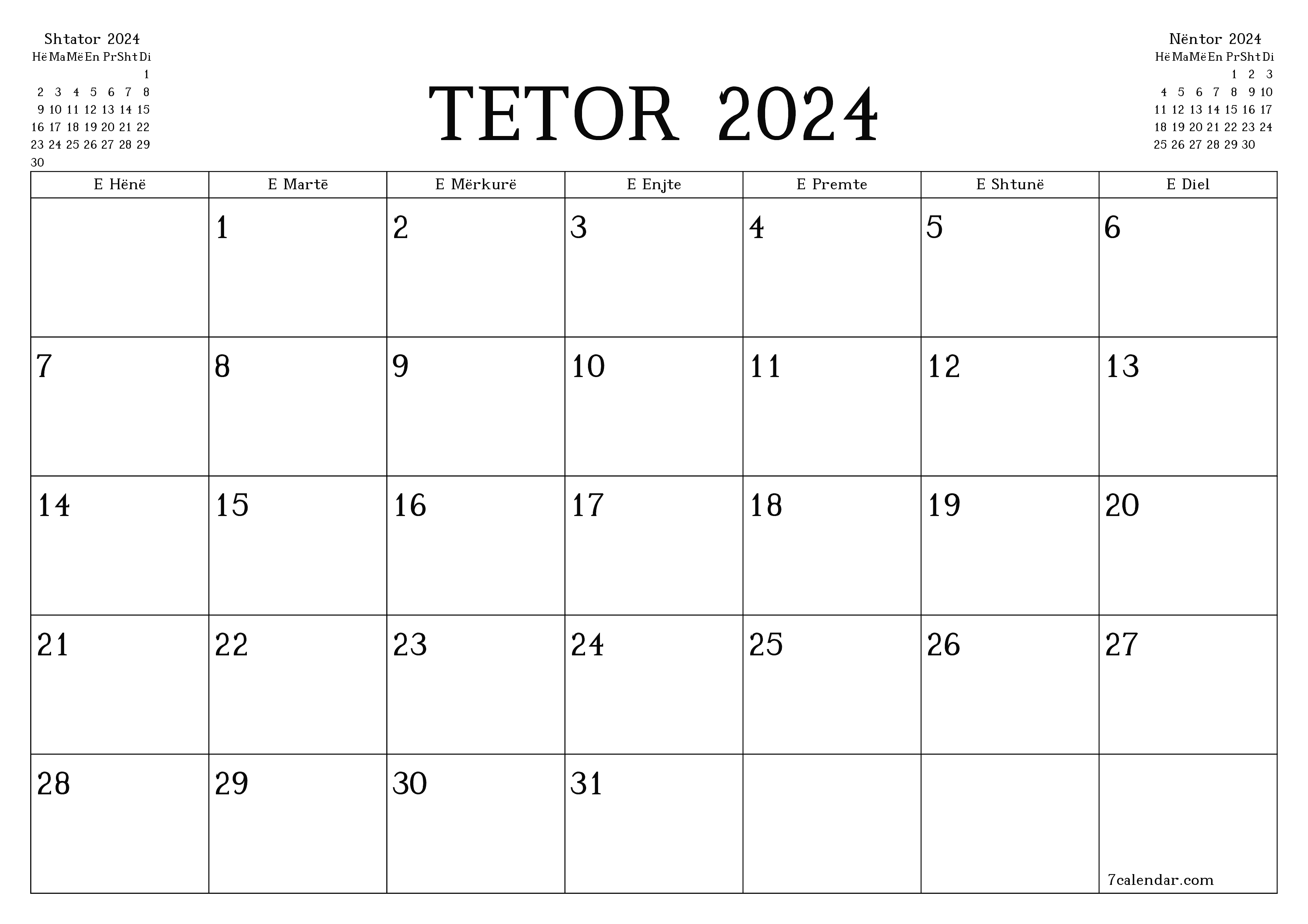 Planifikuesi i zbrazët i kalendarit mujor për muajin Tetor 2024 me shënime të ruajtura dhe të printuara në PDF PNG Albanian