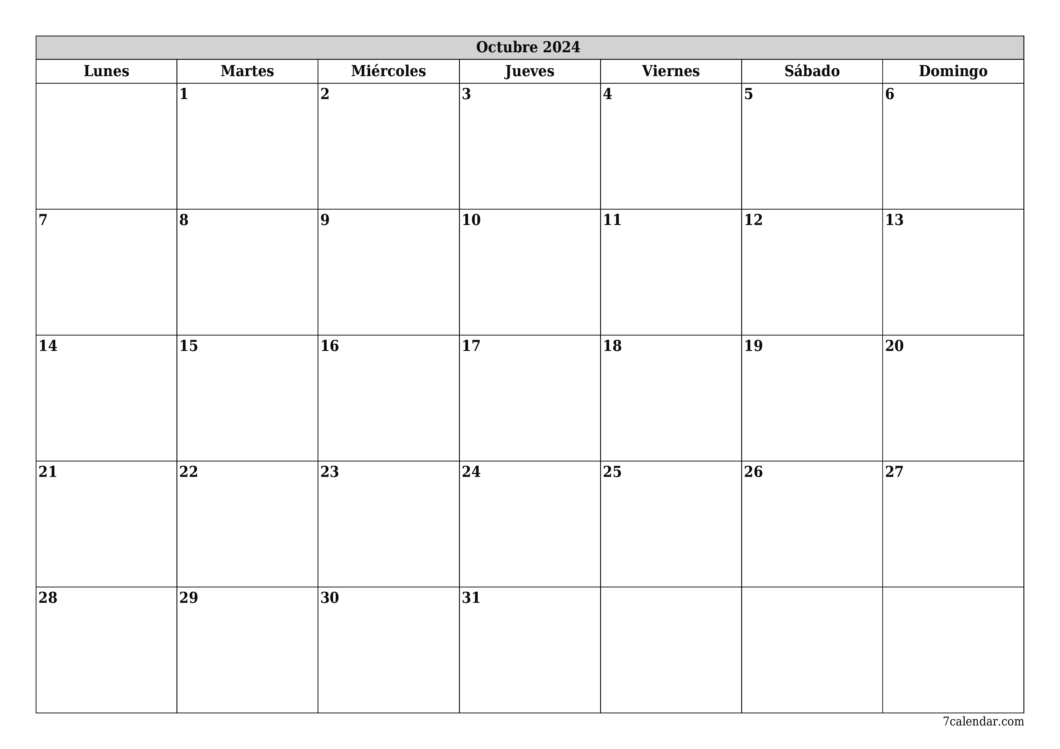 Planificador mensual vacío para el mes Octubre 2024 con notas, guardar e imprimir en PDF PNG Spanish