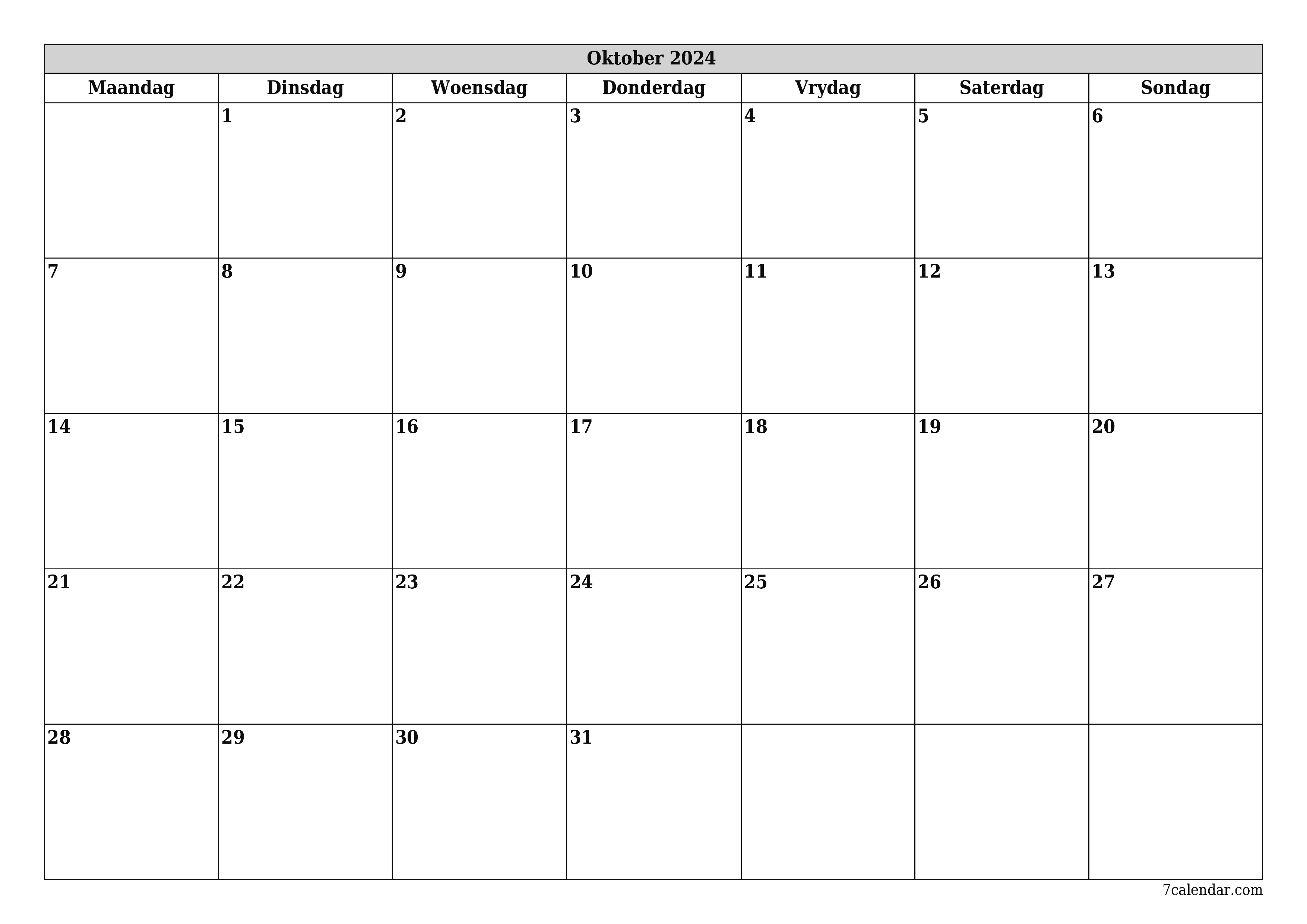 Leë maandelikse drukbare kalender en beplanner vir maand Oktober 2024 met notas stoor en druk na PDF PNG Afrikaans