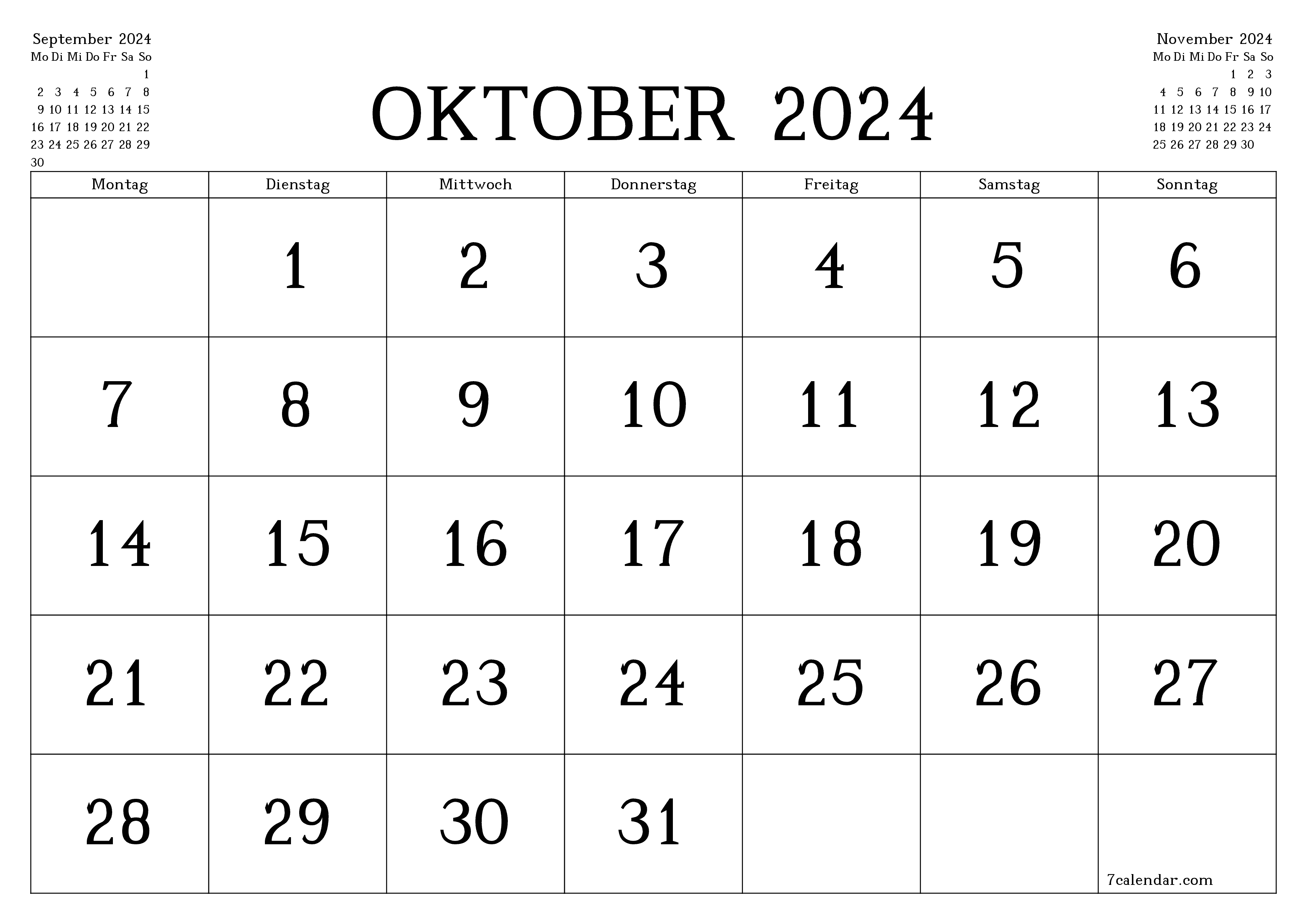 Monatsplaner für Monat Oktober 2024 mit Notizen leeren, speichern und als PDF PNG German - 7calendar.com drucken