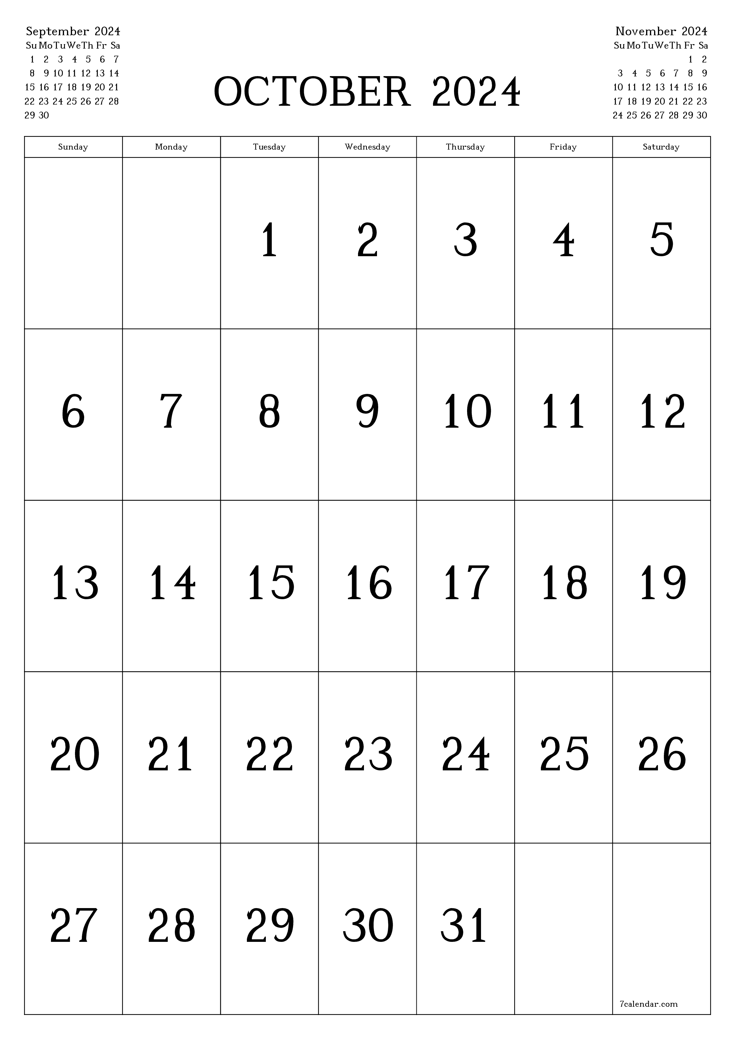 Blank monthly printable calendar and planner for month October 2024 with notes save and print to PDF PNG English