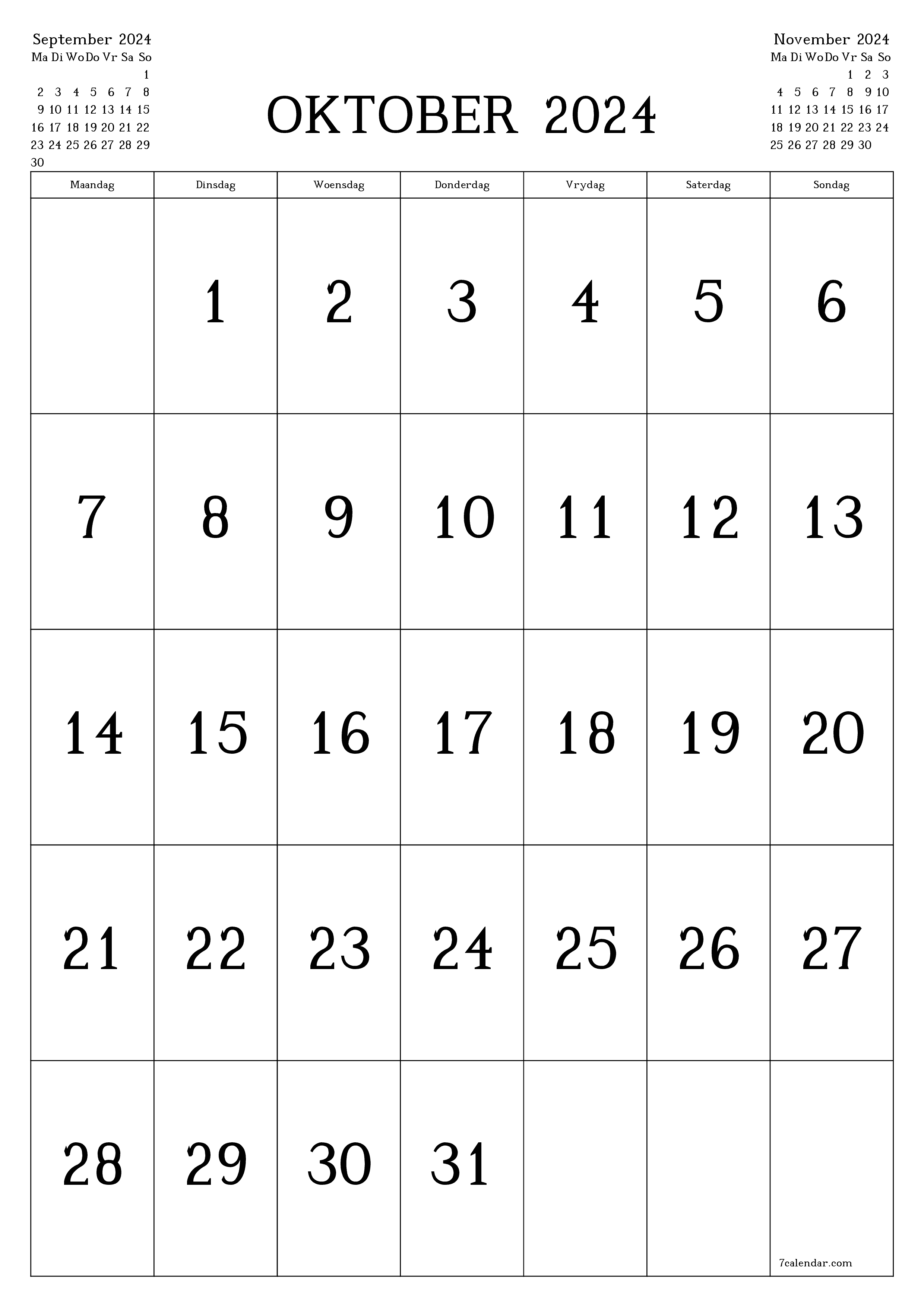 Leë maandelikse drukbare kalender en beplanner vir maand Oktober 2024 met notas stoor en druk na PDF PNG Afrikaans