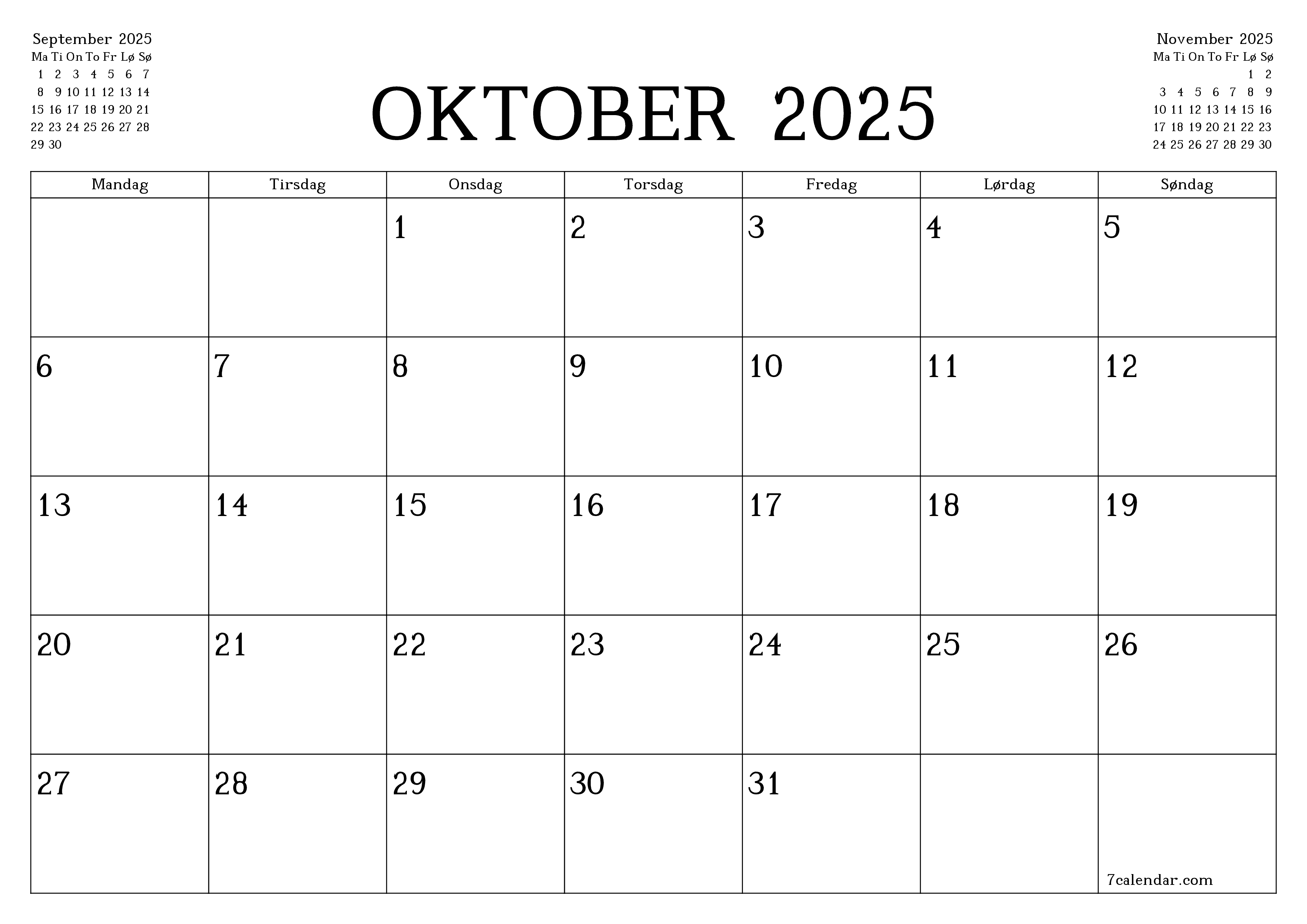 Tom månedlig planlægning for måned Oktober 2025 med noter, gem og udskriv til PDF PNG Danish