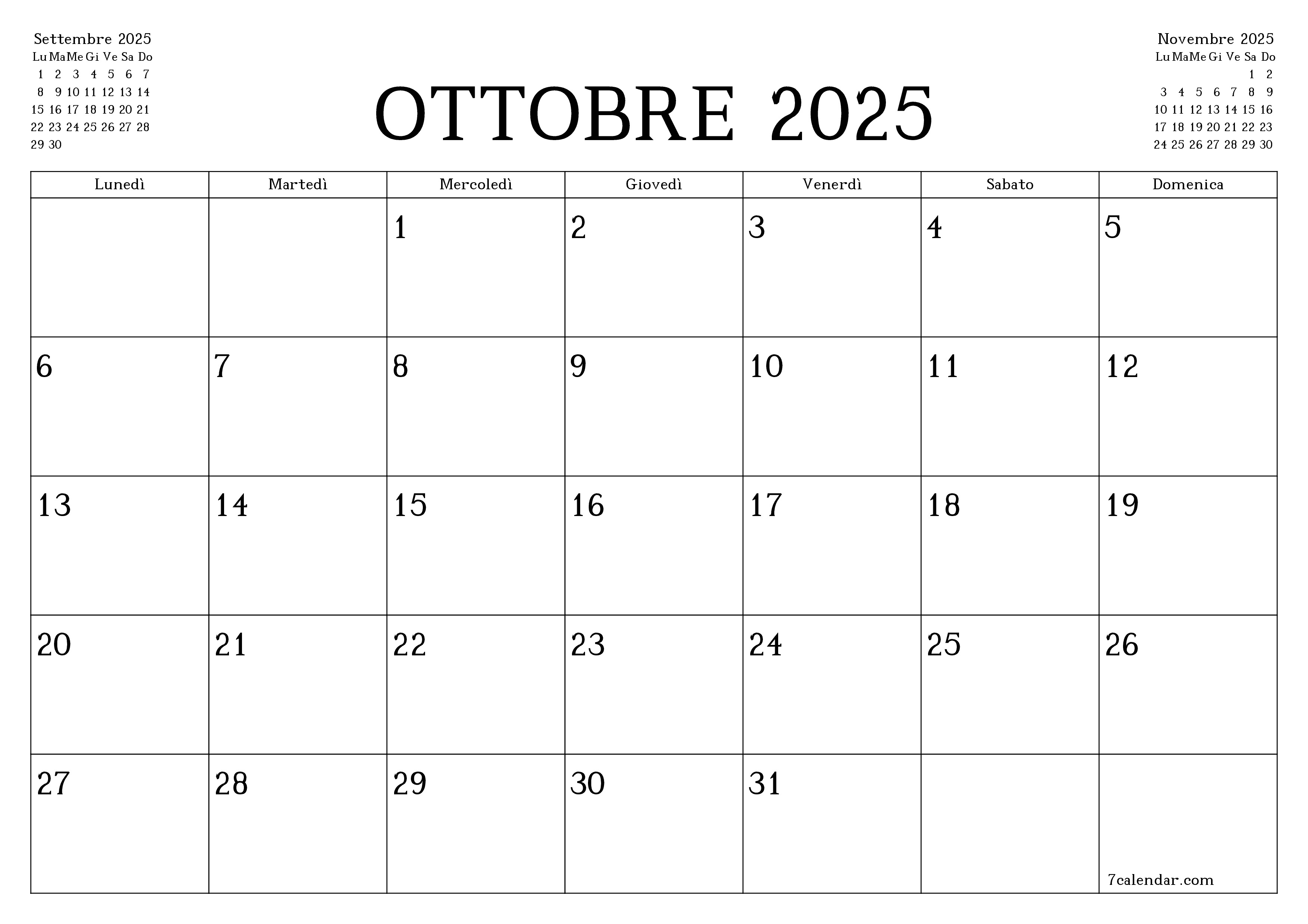 Pianificatore mensile vuoto per il mese Ottobre 2025 con note, salva e stampa in PDF PNG Italian