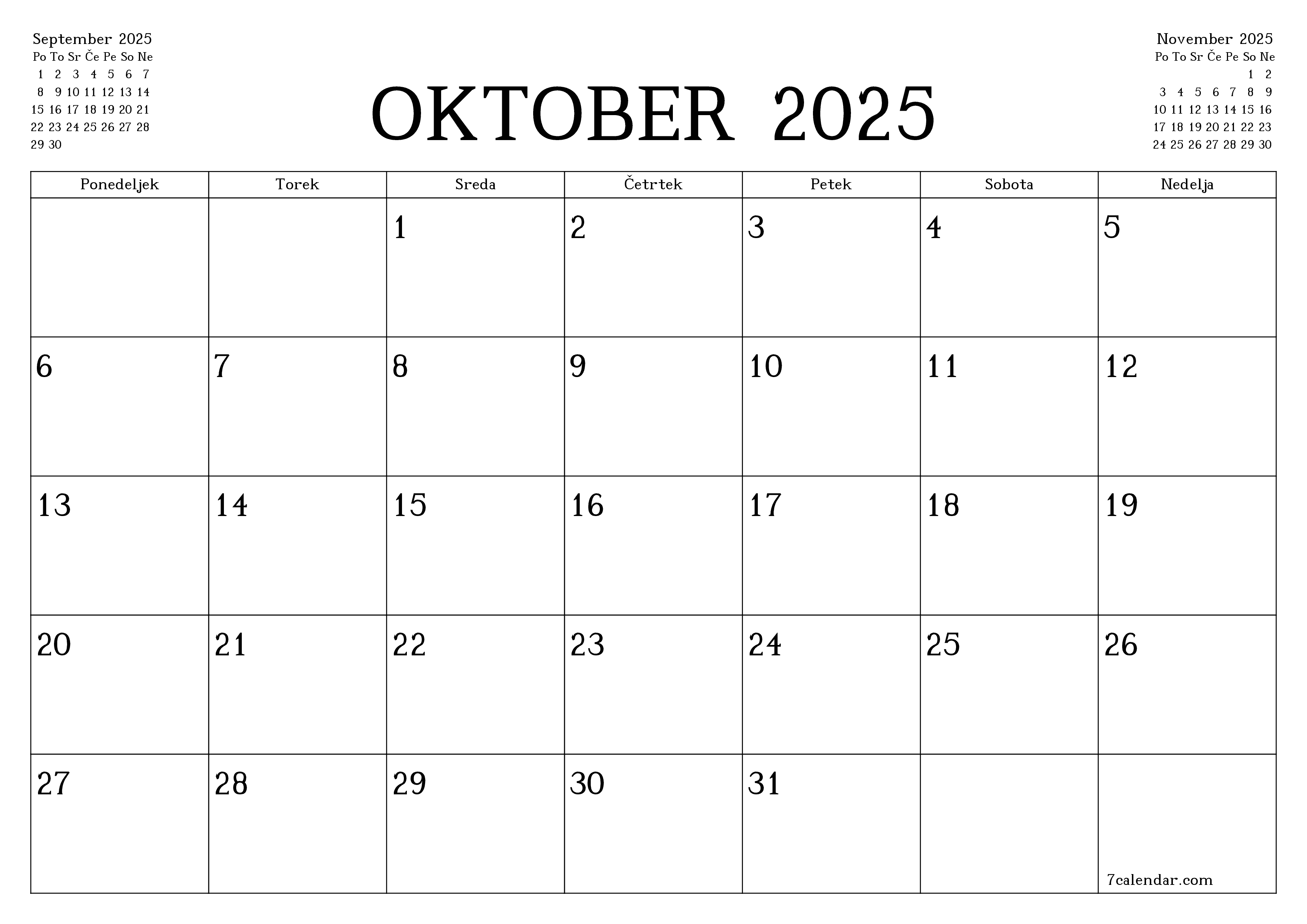 Prazen mesečni načrtovalec koledarja za mesec Oktober 2025 z opombami, natisnjenimi v PDF PNG Slovenian