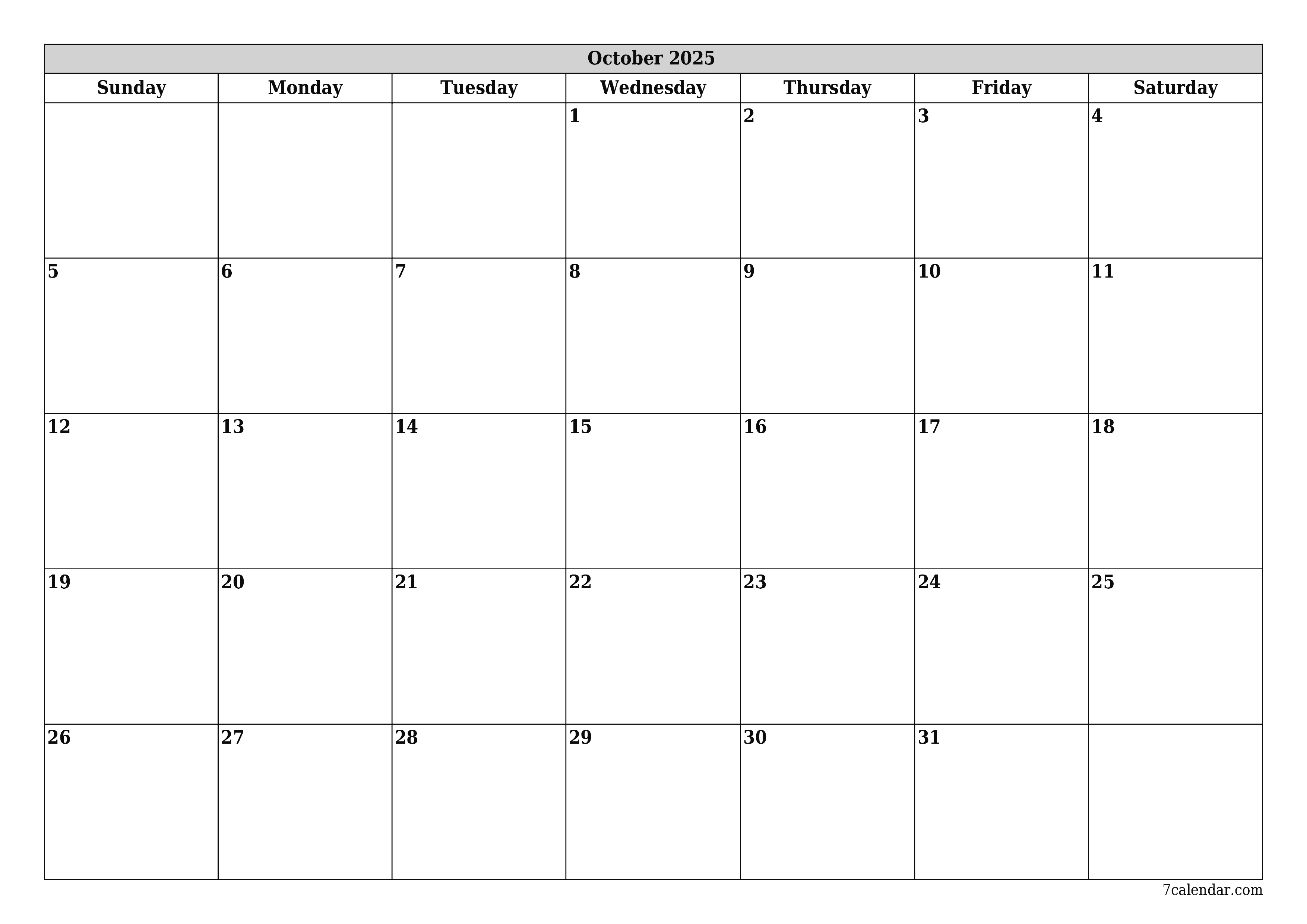 printable wall template free horizontal Monthly planner calendar October (Oct) 2025
