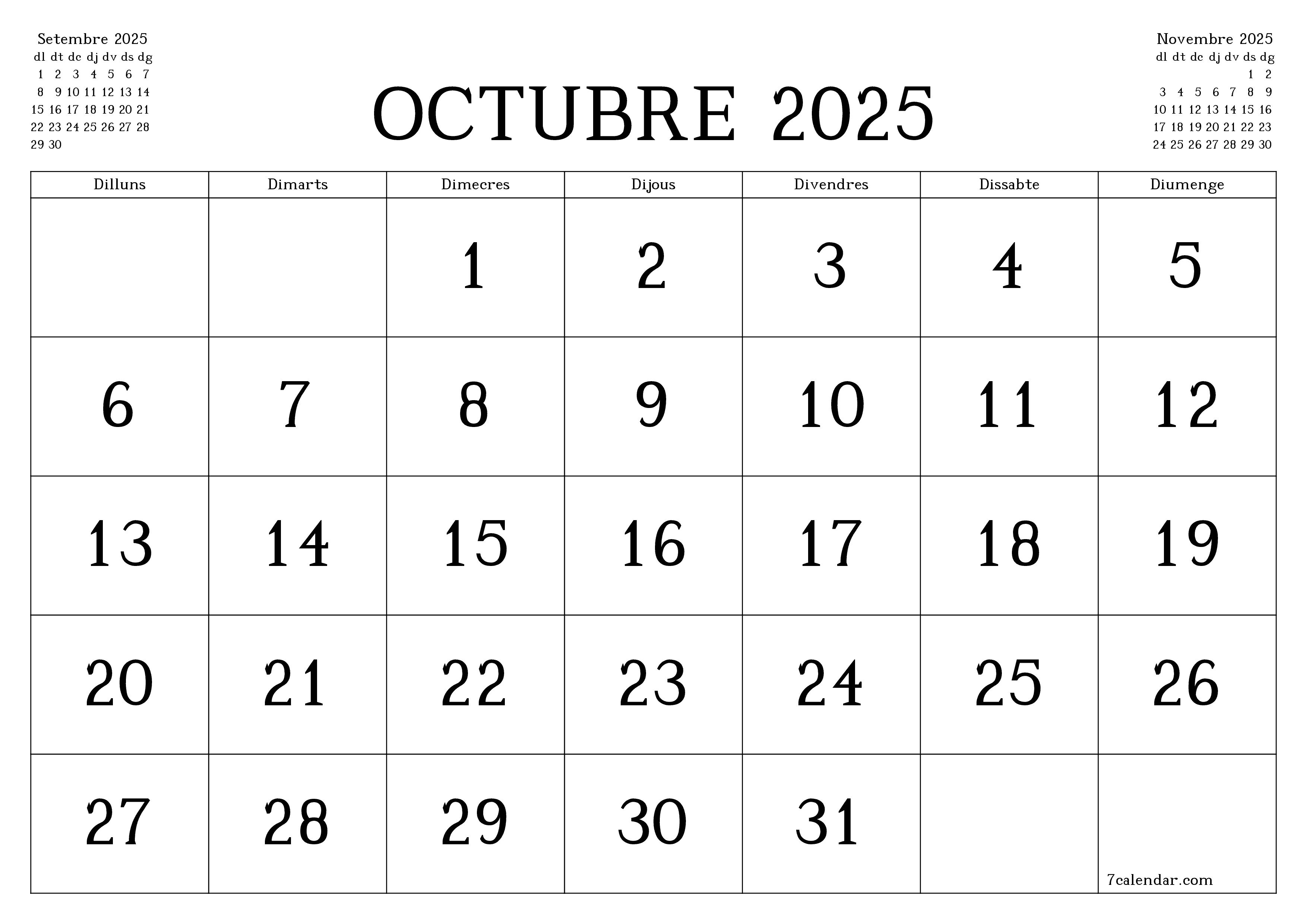 Planificador mensual buit del mes Octubre 2025 amb notes, deseu-lo i imprimiu-lo en format PDF PNG Catalan